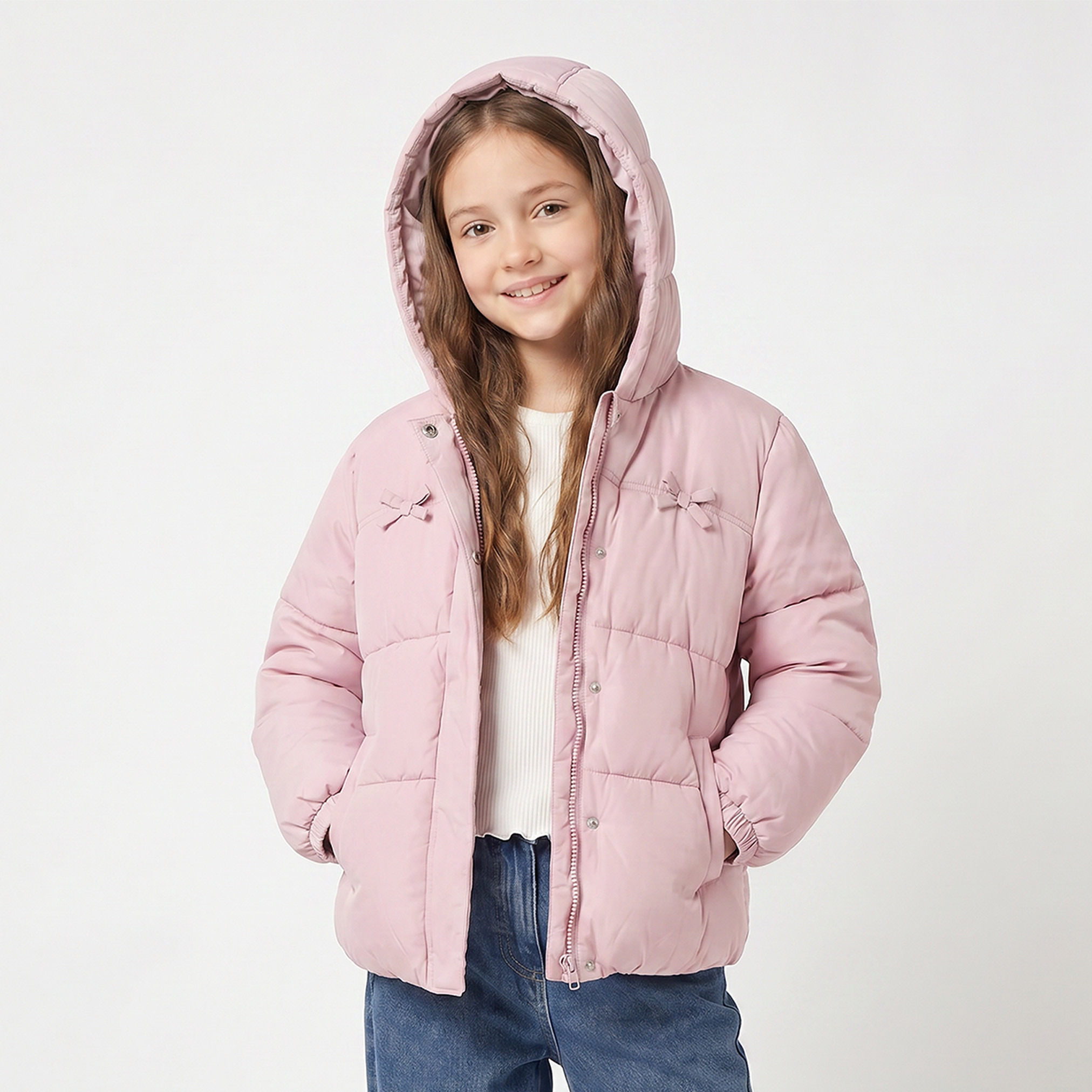 جاكيت منفوخ بأكمام طويلة وقبعة وفيونكة من جونيورز-girls-clothing-jacketsandcoats-image-1