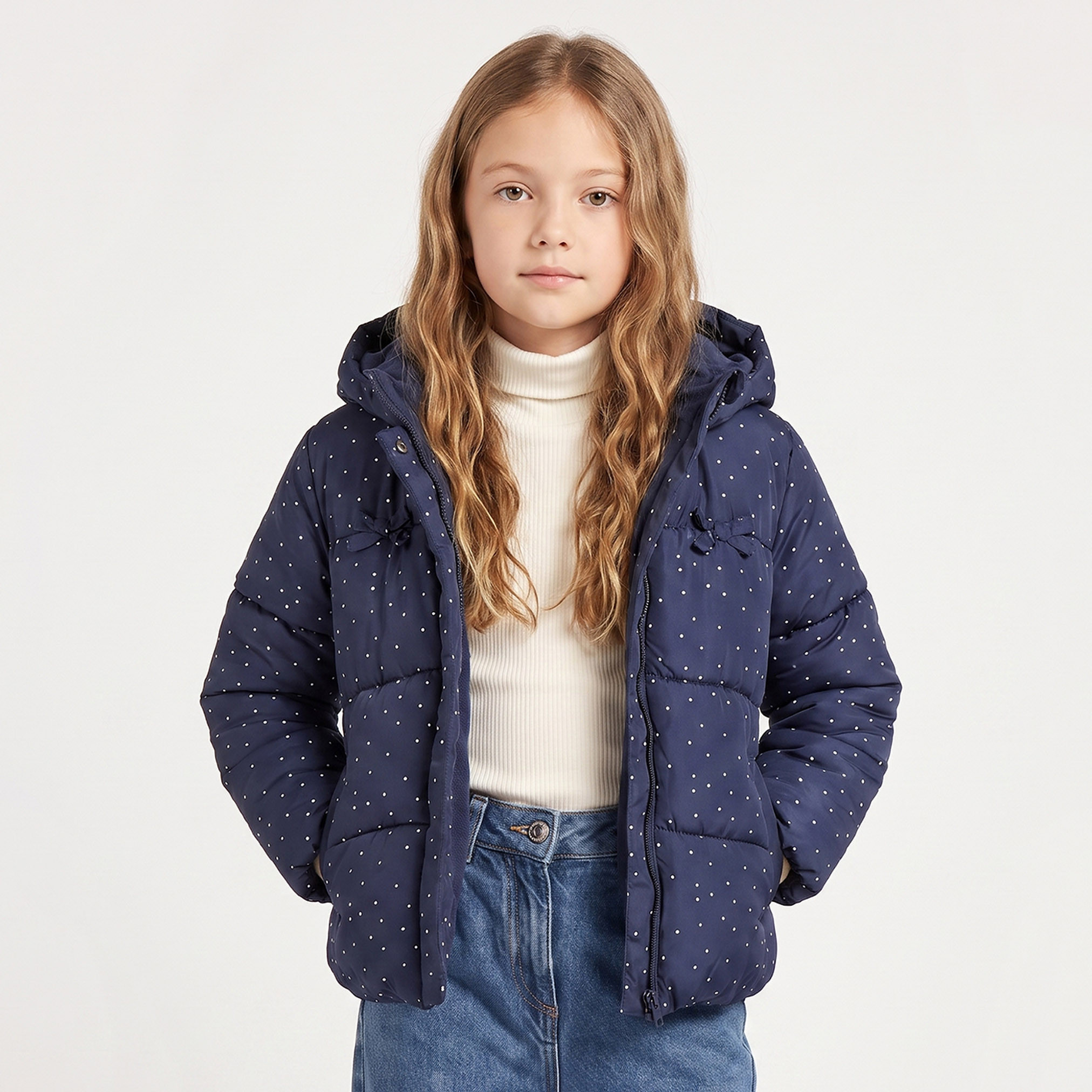 Juniors Hooded Puffer Jacket with Polka Dot Print-girls-clothing-winterwear-jacketsandcoats-image-1