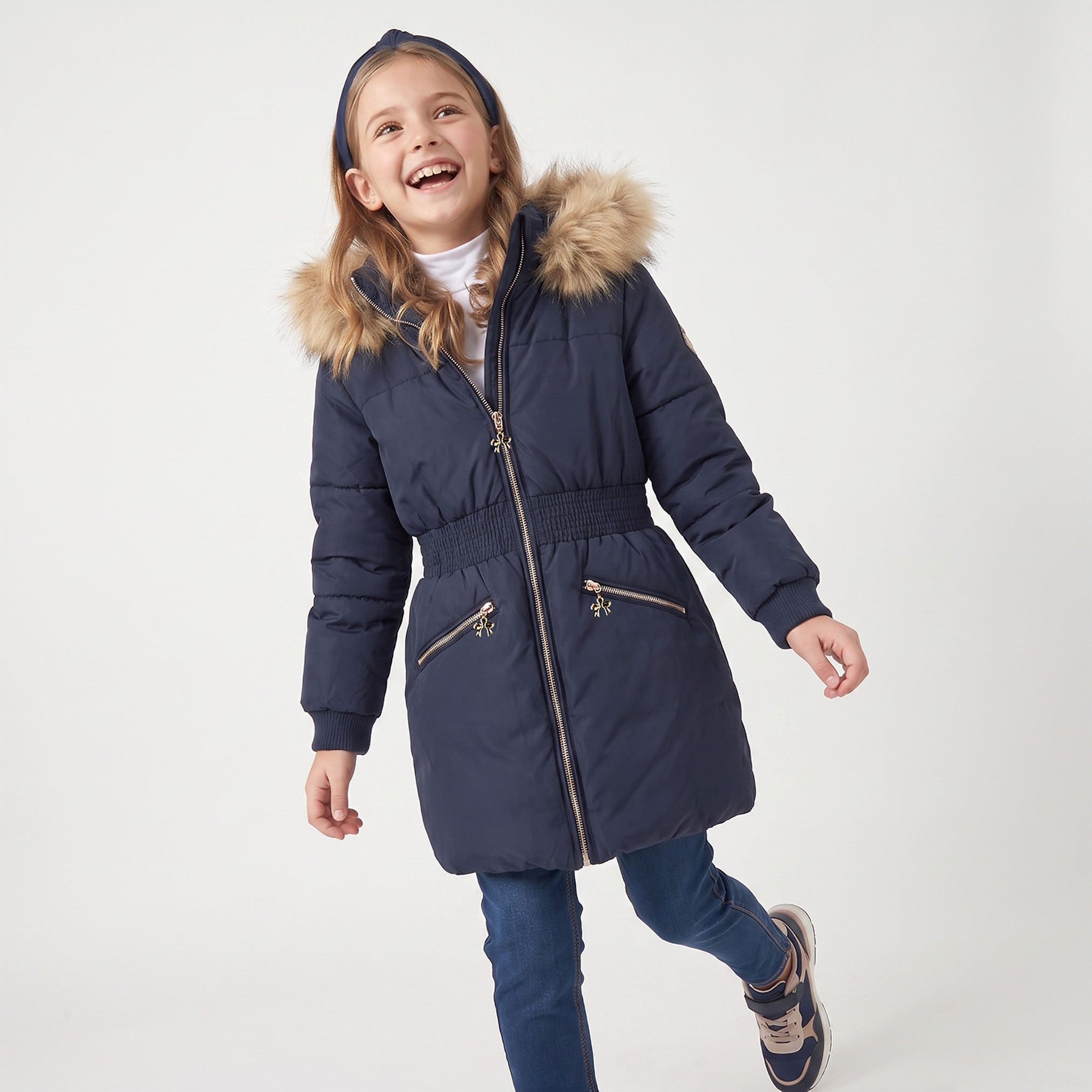 Juniors Faux Fur Trim Padded Jacket with Hood-girls-clothing-winterwear-jacketsandcoats-image-1