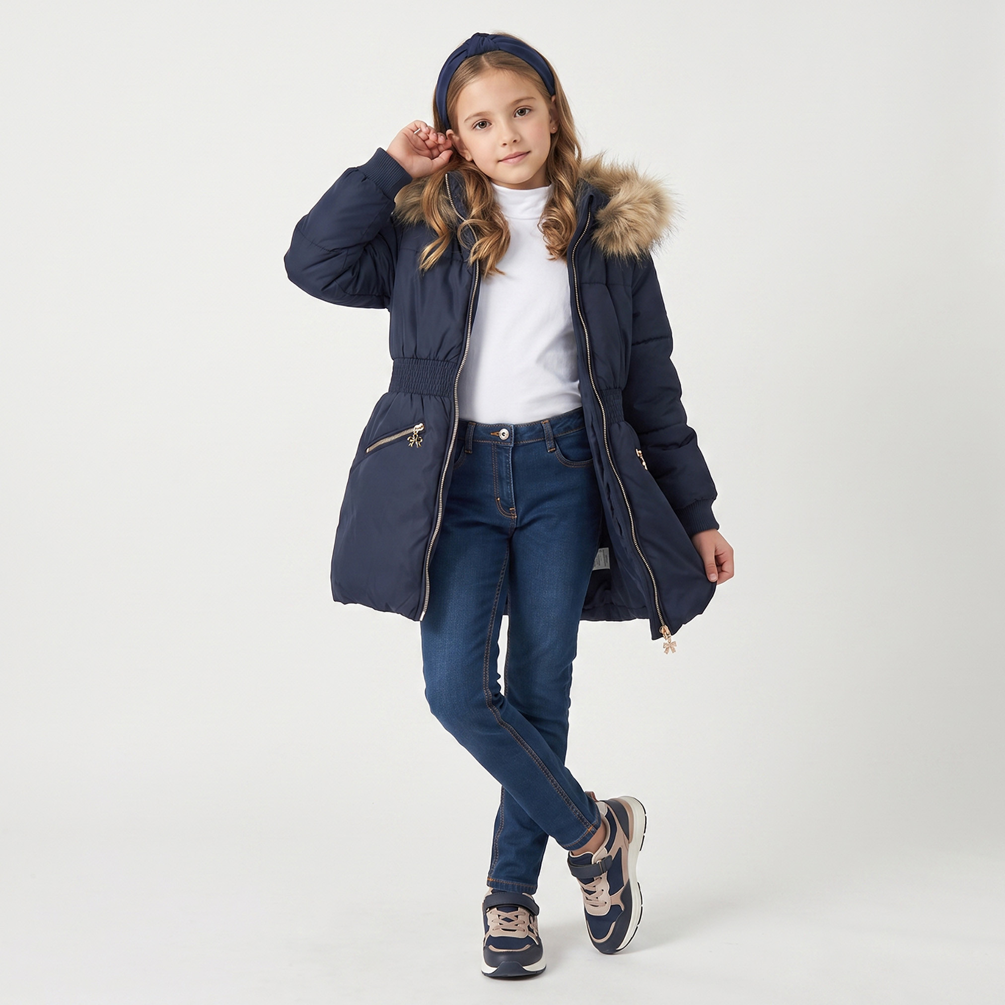 Juniors Faux Fur Trim Padded Jacket with Hood-girls-clothing-winterwear-jacketsandcoats-image-2