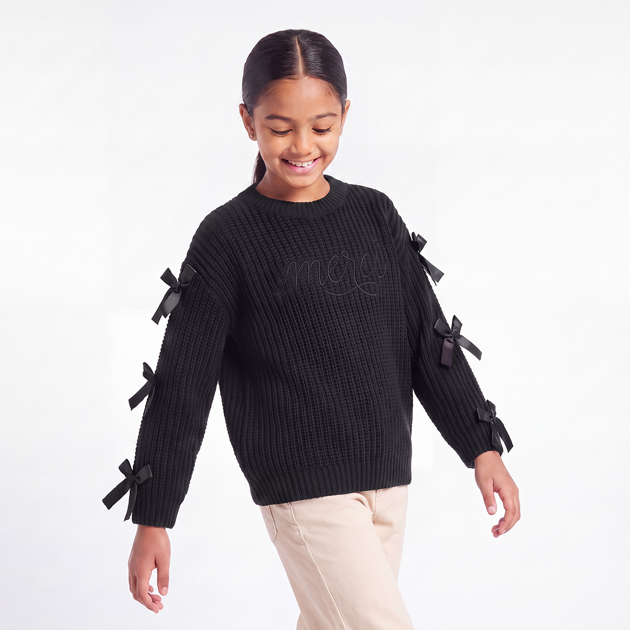 Juniors Bow Detail Sweater with Long Sleeves-girls-clothing-jumpersandcardigans-image-1