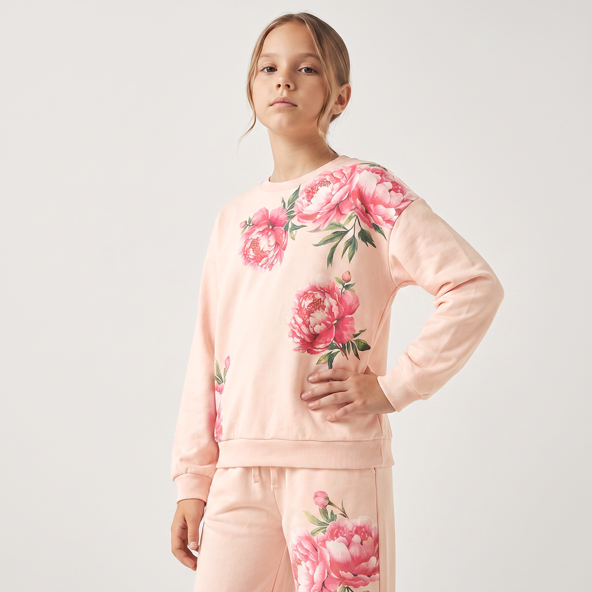 Juniors Floral Print Sweatshirt with Long Sleeves-girls-clothing-sweatshirts-image-1