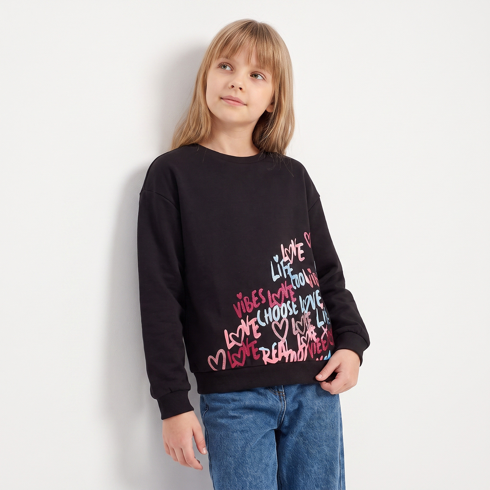 Juniors Crew Neck Sweatshirt with Typographic Print-girls-clothing-sweatshirts-image-1