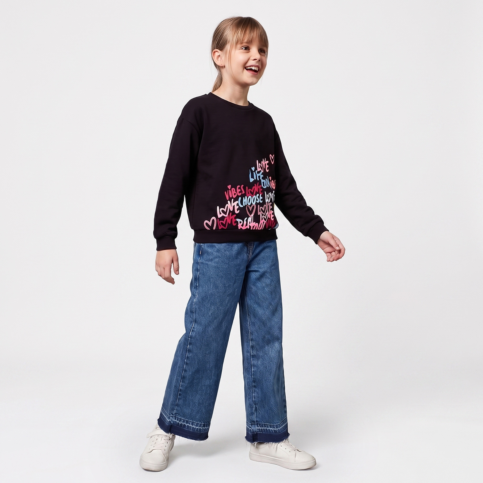 Juniors Crew Neck Sweatshirt with Typographic Print-girls-clothing-sweatshirts-image-3