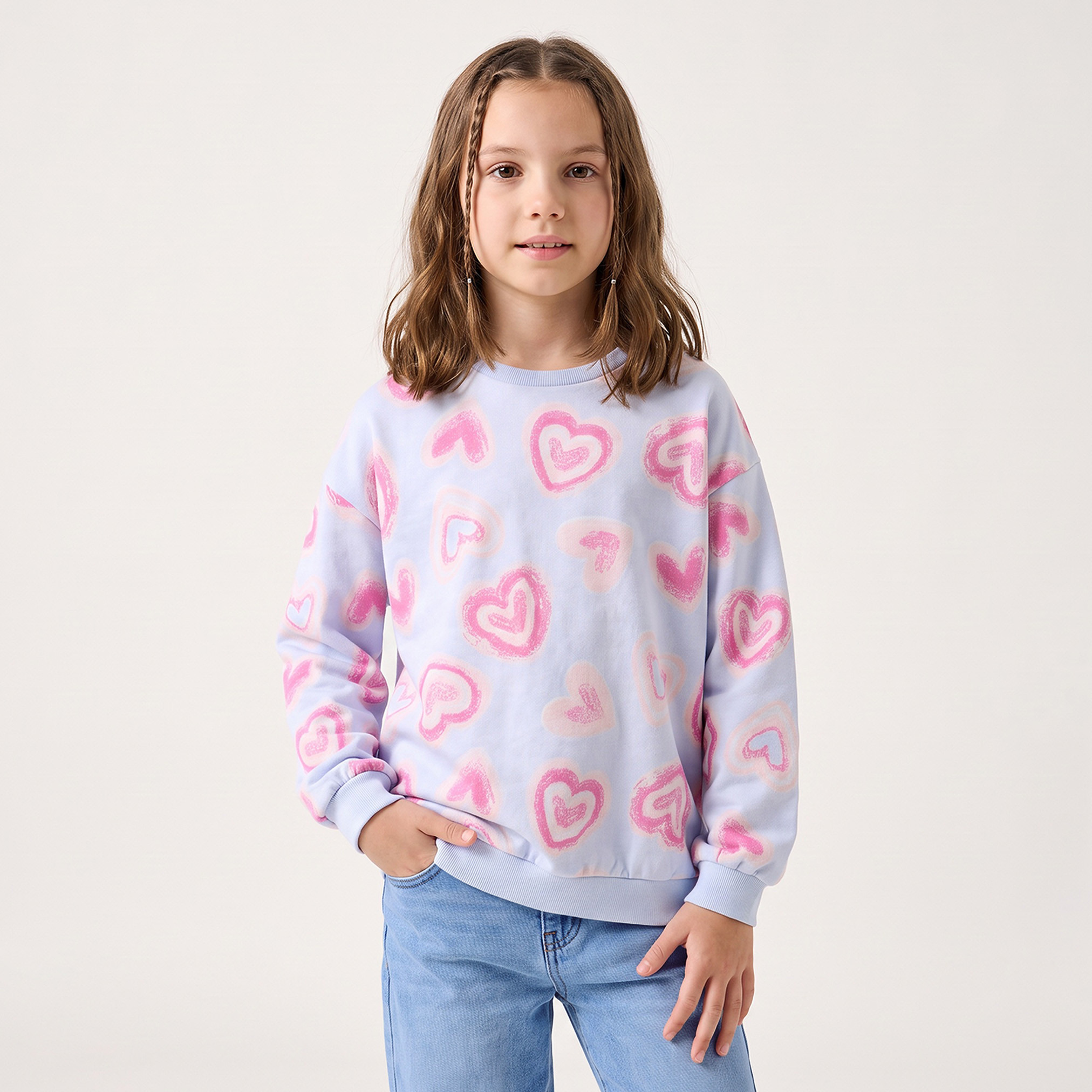 Juniors Heart Print Sweatshirt with Long Sleeves-girls-clothing-sweatshirts-image-1