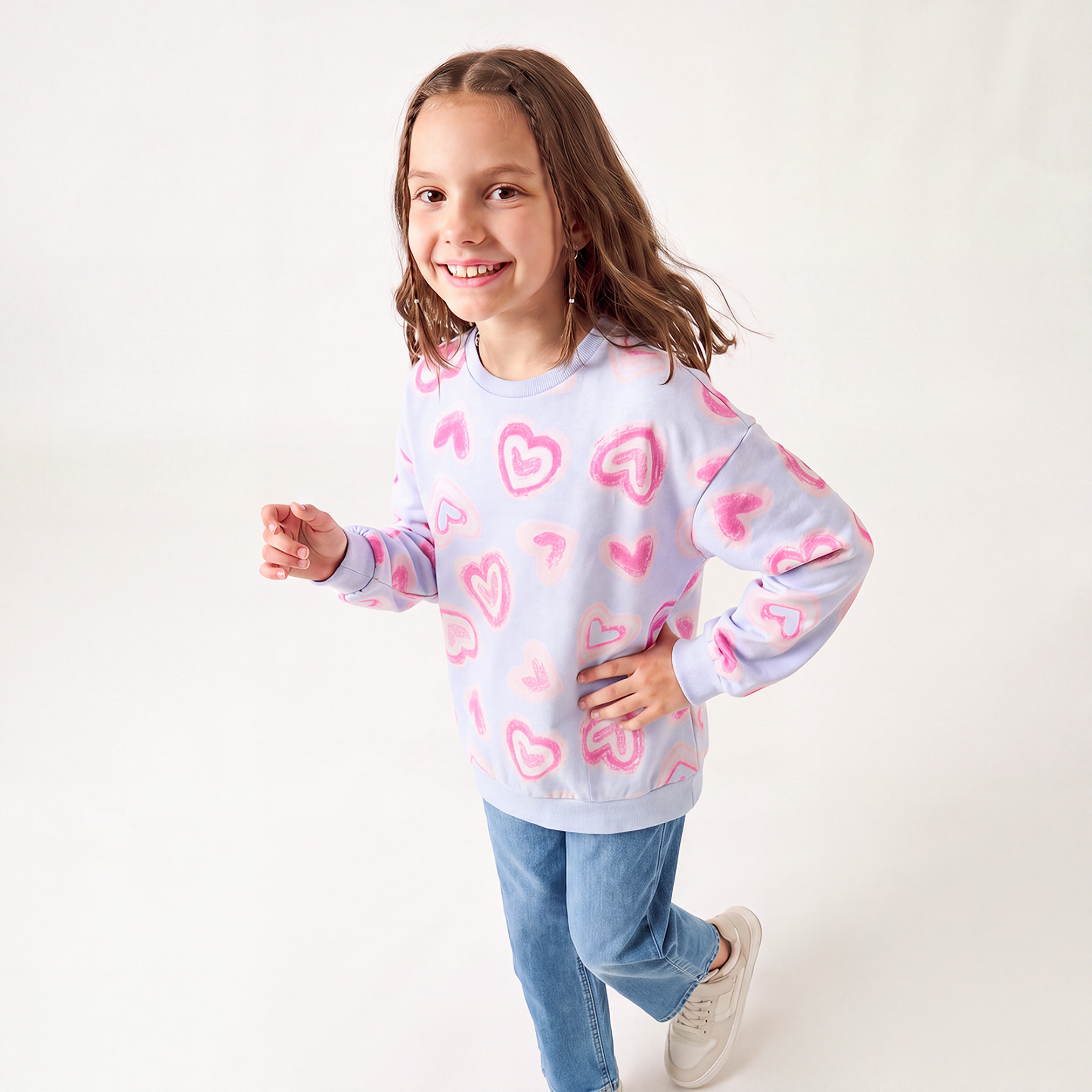 Juniors Heart Print Sweatshirt with Long Sleeves-girls-clothing-sweatshirts-image-2