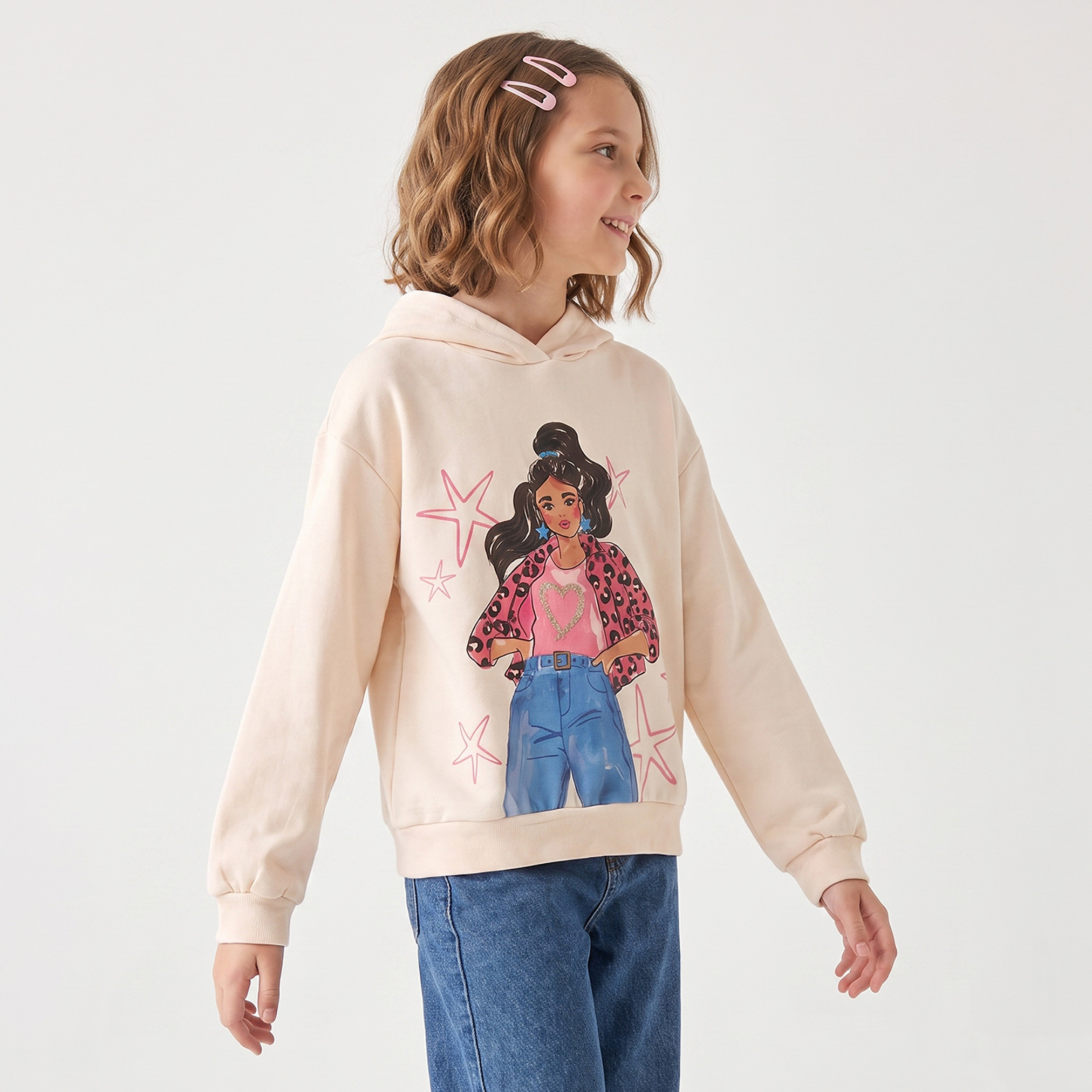 Juniors Fashion Girl Print Hooded Sweatshirt with Long Sleeves-girls-clothing-sweatshirts-image-1