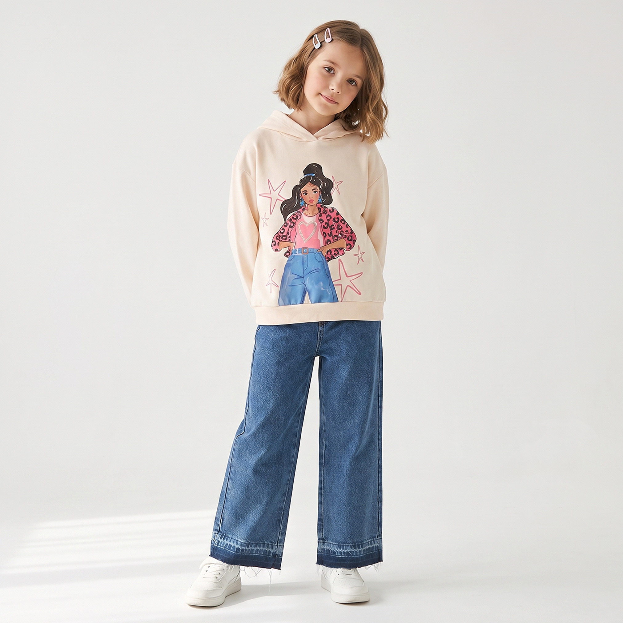 Juniors Fashion Girl Print Hooded Sweatshirt with Long Sleeves-girls-clothing-sweatshirts-image-2