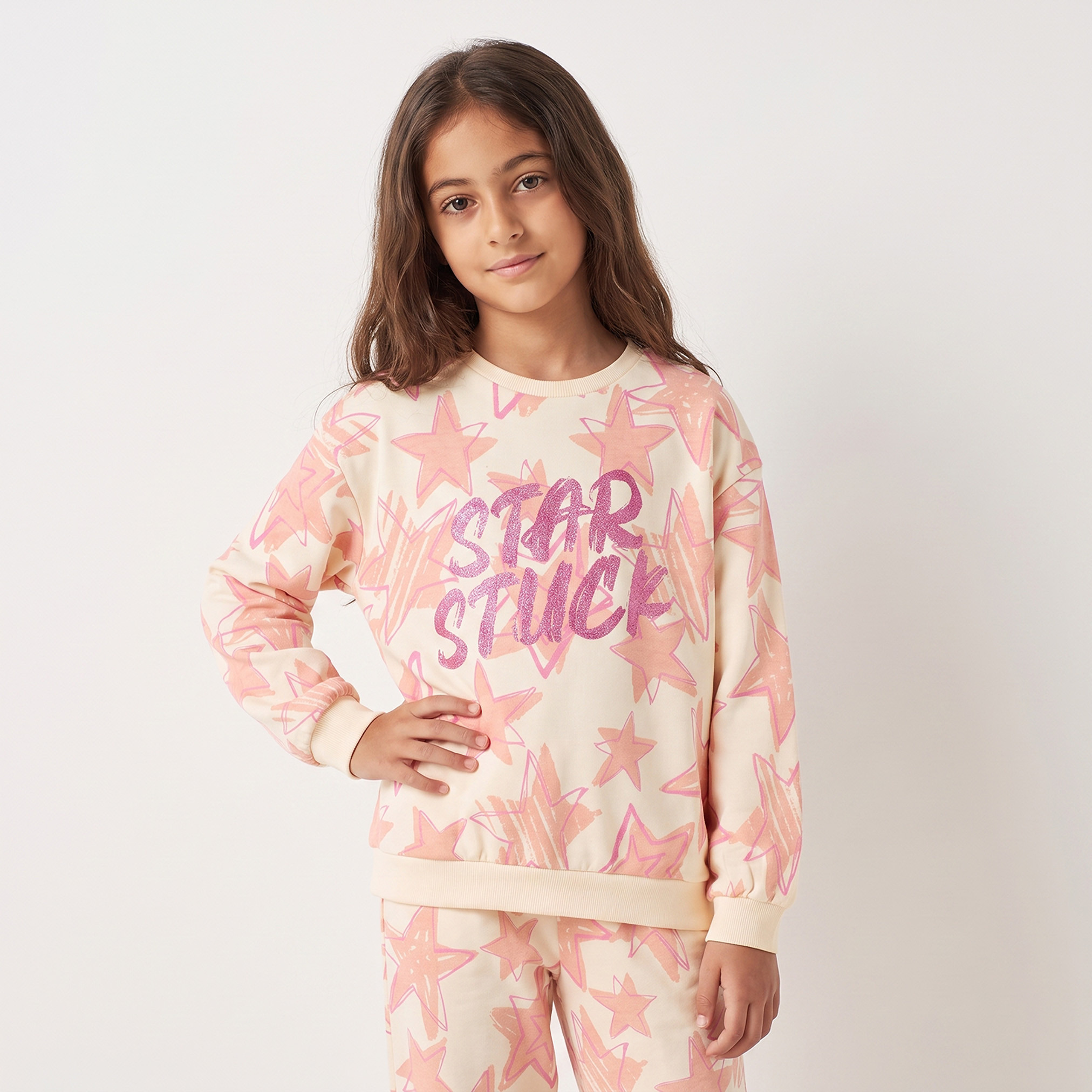 Juniors Crew Neck Sweatshirt with Star Print-girls-clothing-sweatshirts-image-1
