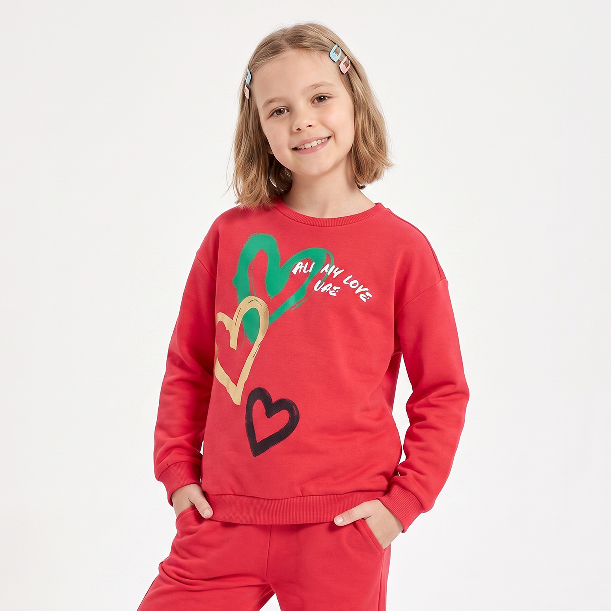 Juniors Round Neck Sweatshirt with Heart Print-girls-clothing-sweatshirts-image-1