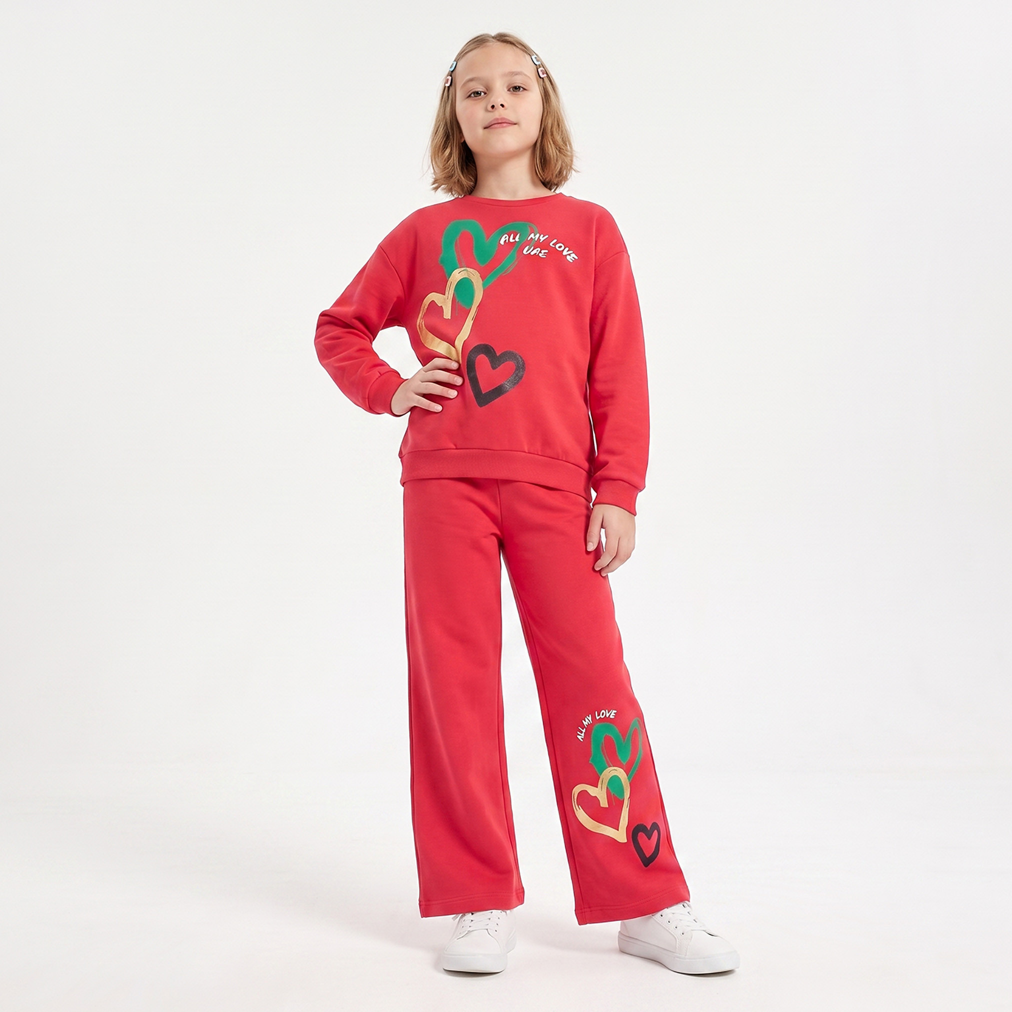 Juniors Round Neck Sweatshirt with Heart Print-girls-clothing-sweatshirts-image-2