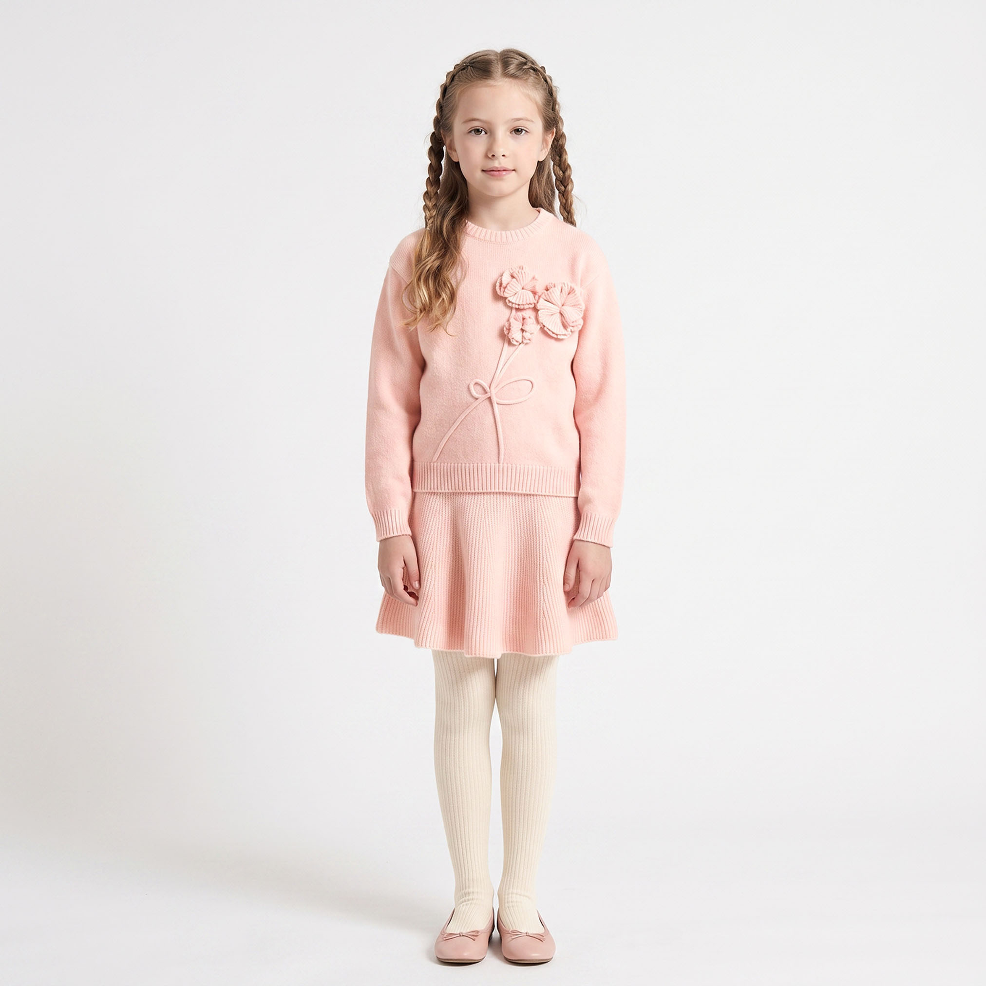 Juniors Crew Neck Long Sleeves Sweater and Skirt Set with Floral Accent-girls-clothing-setsandcoords-image-1