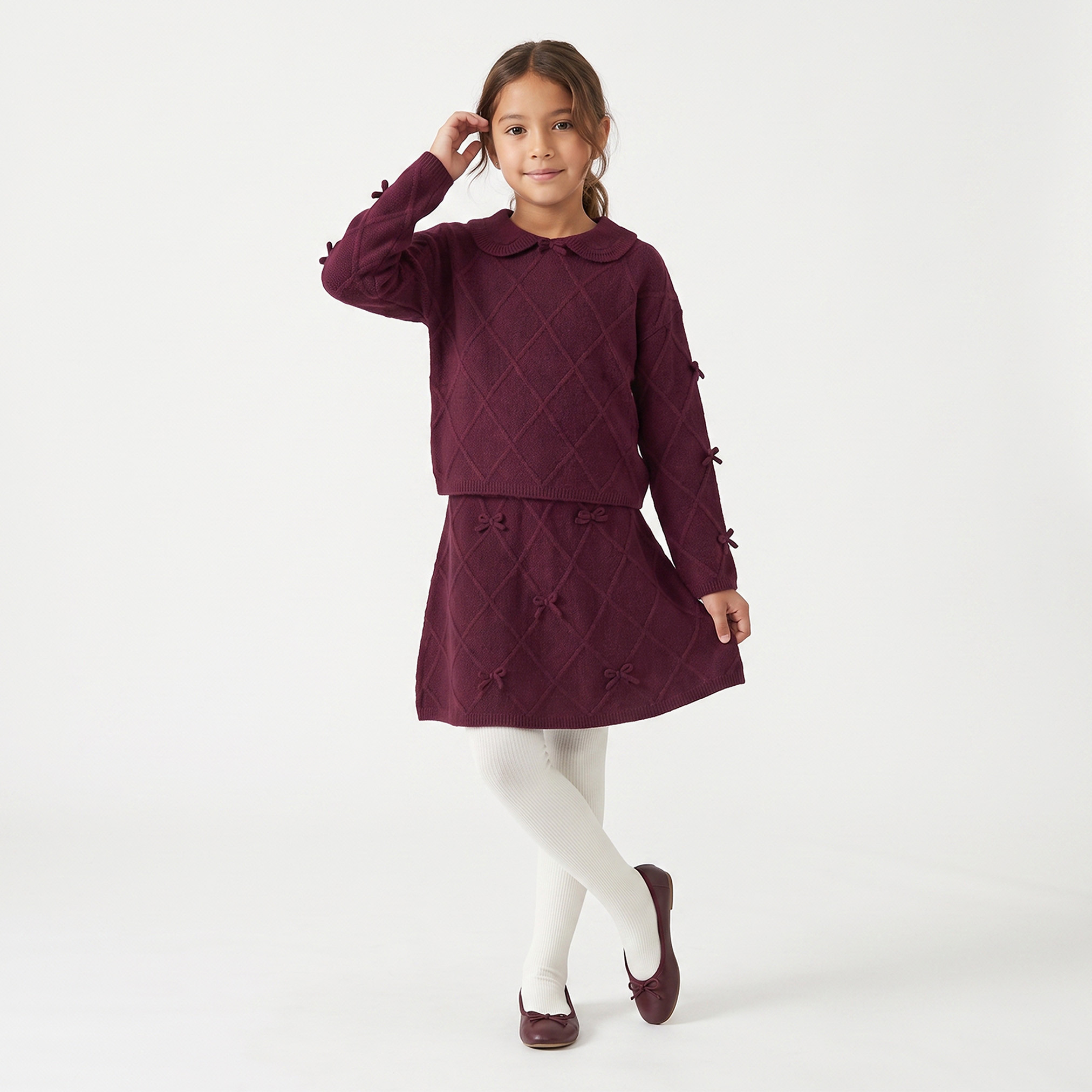 Juniors Peter Pan Collar Long Sleeves Sweater and Skirt Set with Bow Accent-girls-clothing-setsandcoords-image-1