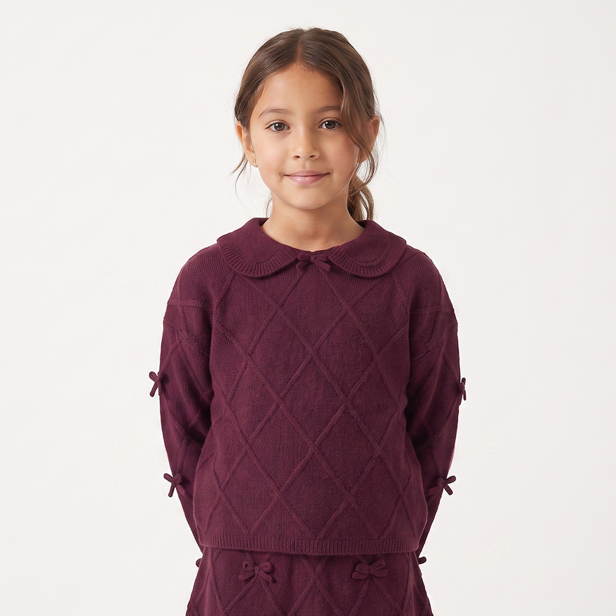 Juniors Peter Pan Collar Long Sleeves Sweater and Skirt Set with Bow Accent-girls-clothing-setsandcoords-image-3