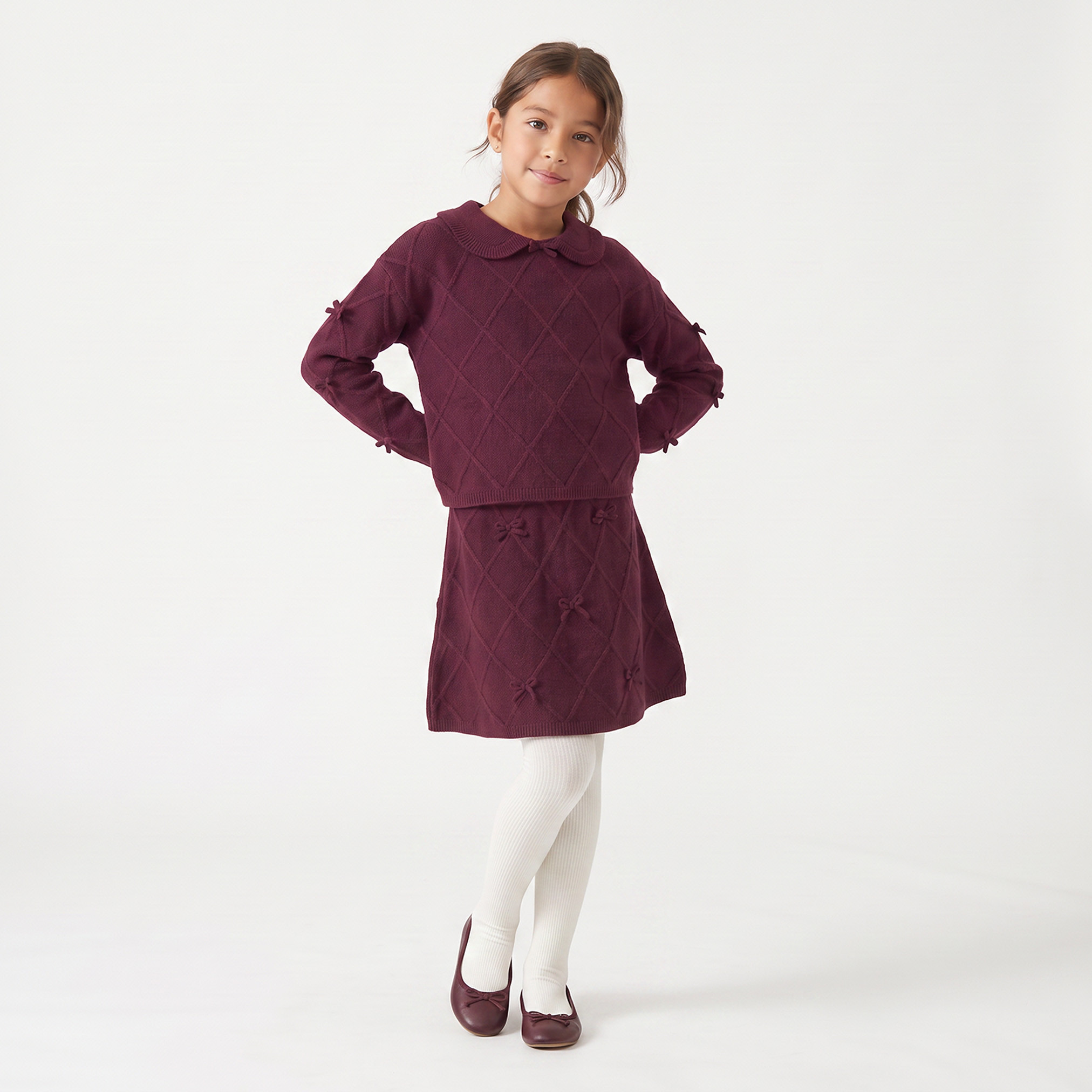 Juniors Peter Pan Collar Long Sleeves Sweater and Skirt Set with Bow Accent-girls-clothing-setsandcoords-image-5