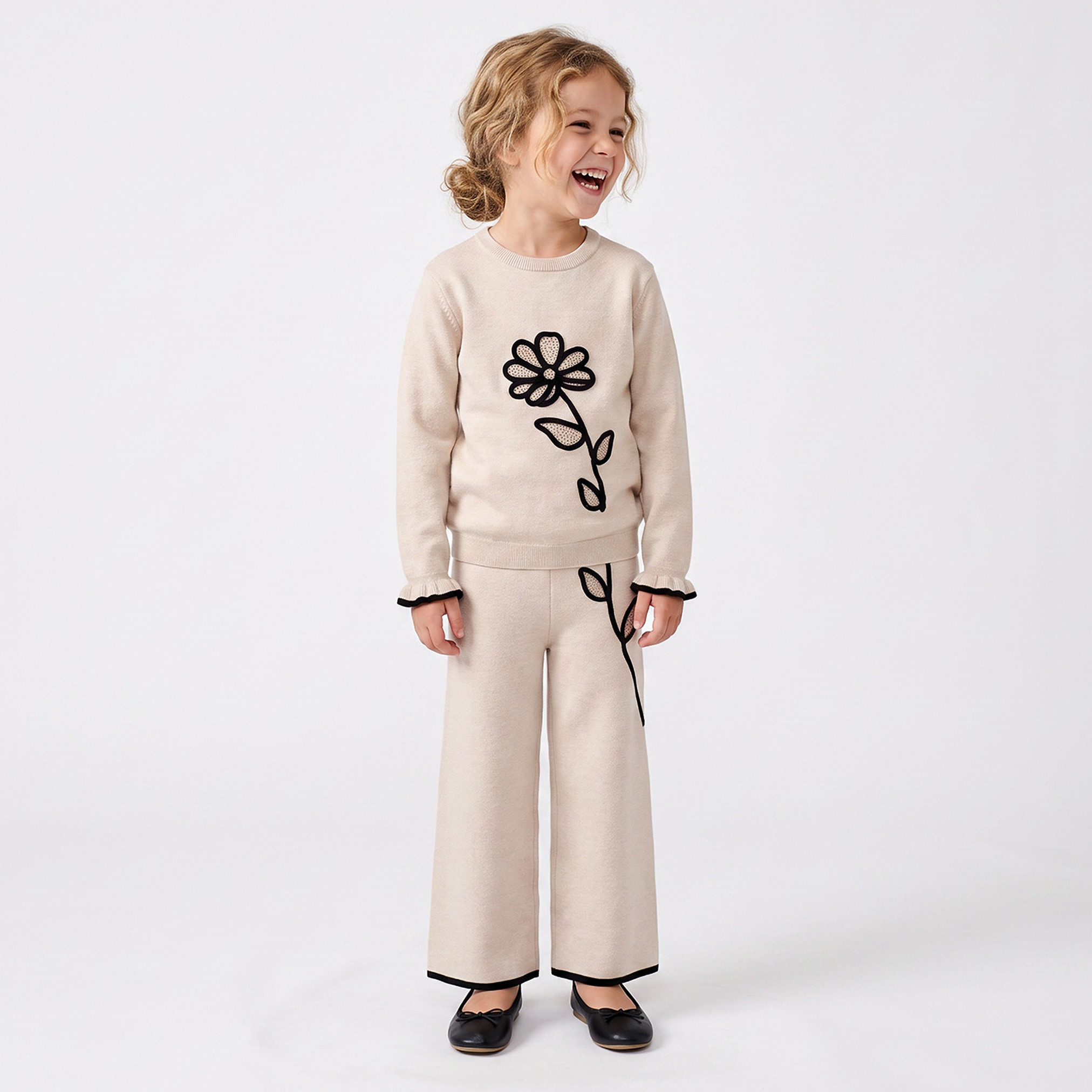Juniors Crew Neck Long Sleeves Top and Trousers Set with Floral Embroidery-girls-clothing-setsandcoords-image-1