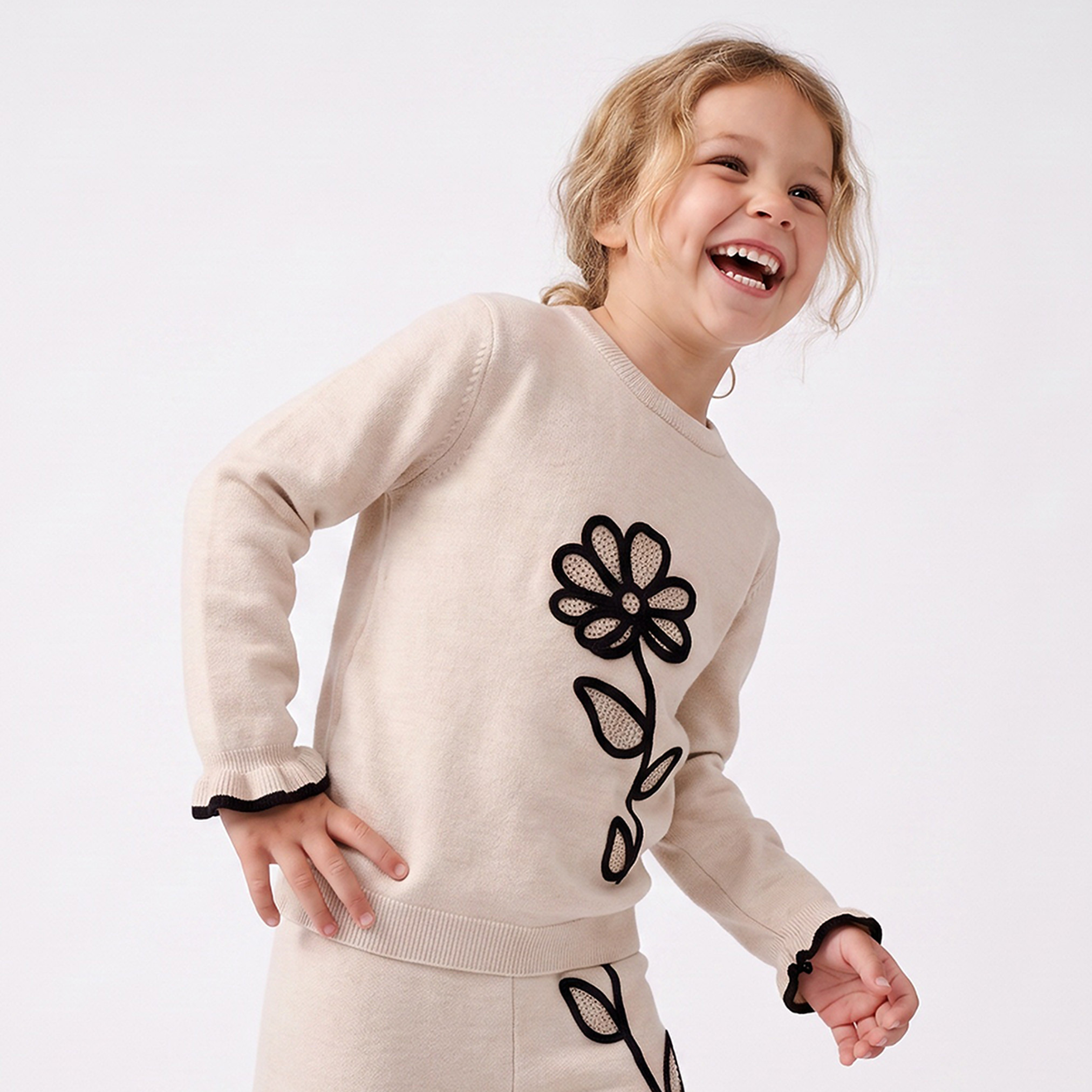 Juniors Crew Neck Long Sleeves Top and Trousers Set with Floral Embroidery-girls-clothing-setsandcoords-image-2