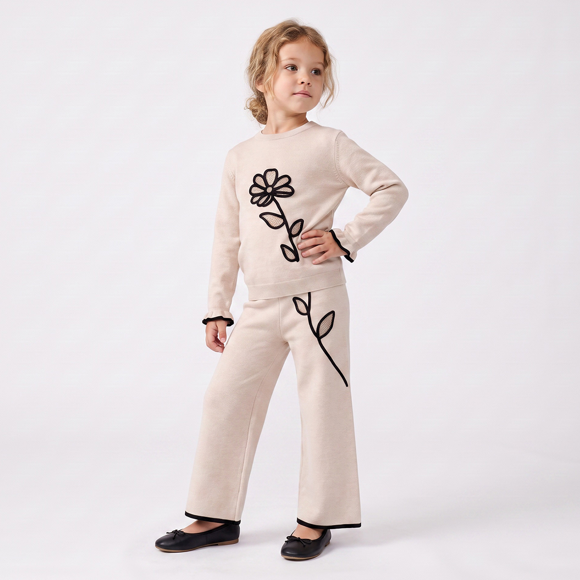 Juniors Crew Neck Long Sleeves Top and Trousers Set with Floral Embroidery-girls-clothing-setsandcoords-image-7
