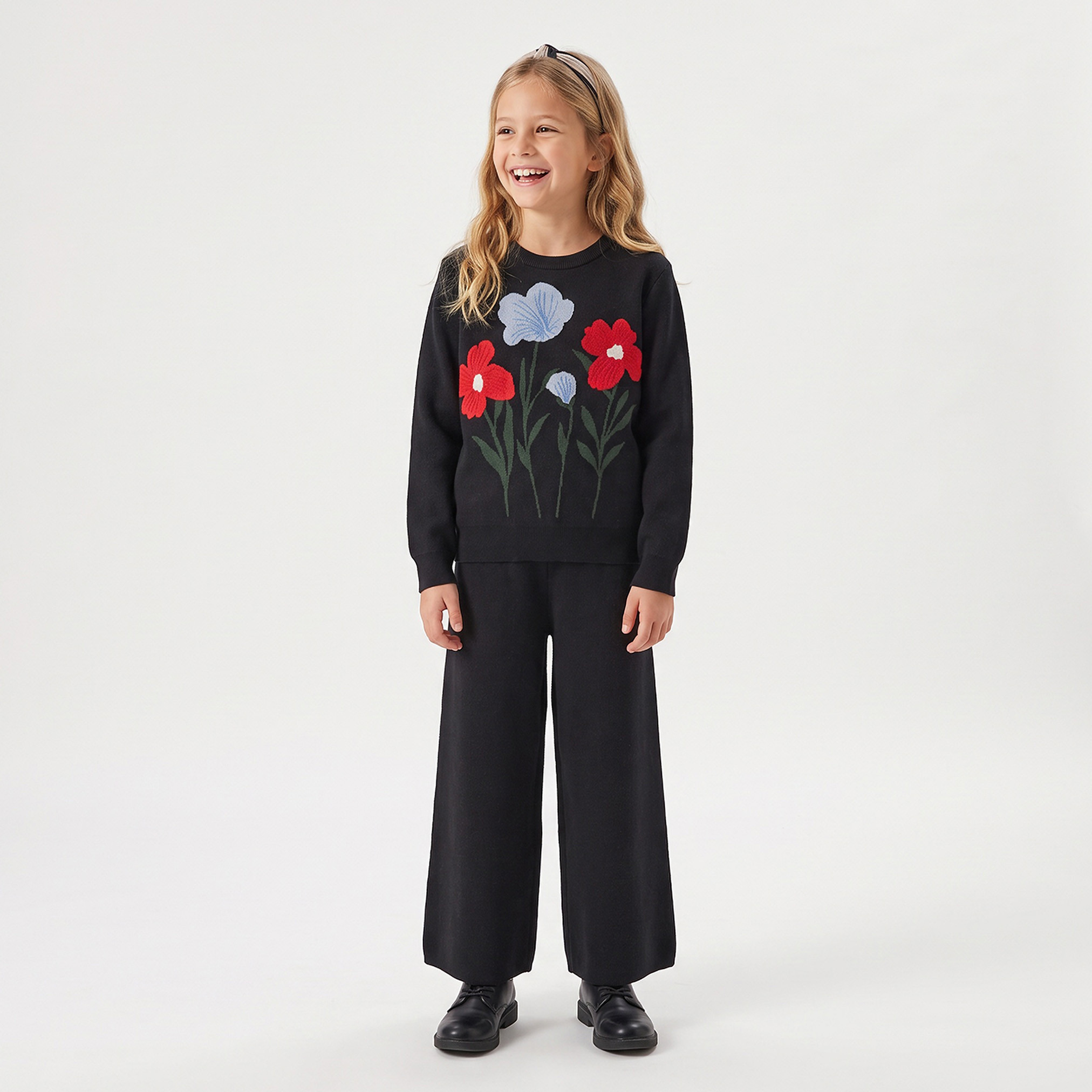 Juniors Crew Neck Long Sleeves Sweater and Pants Set with Floral Embroidery-girls-clothing-setsandcoords-image-1