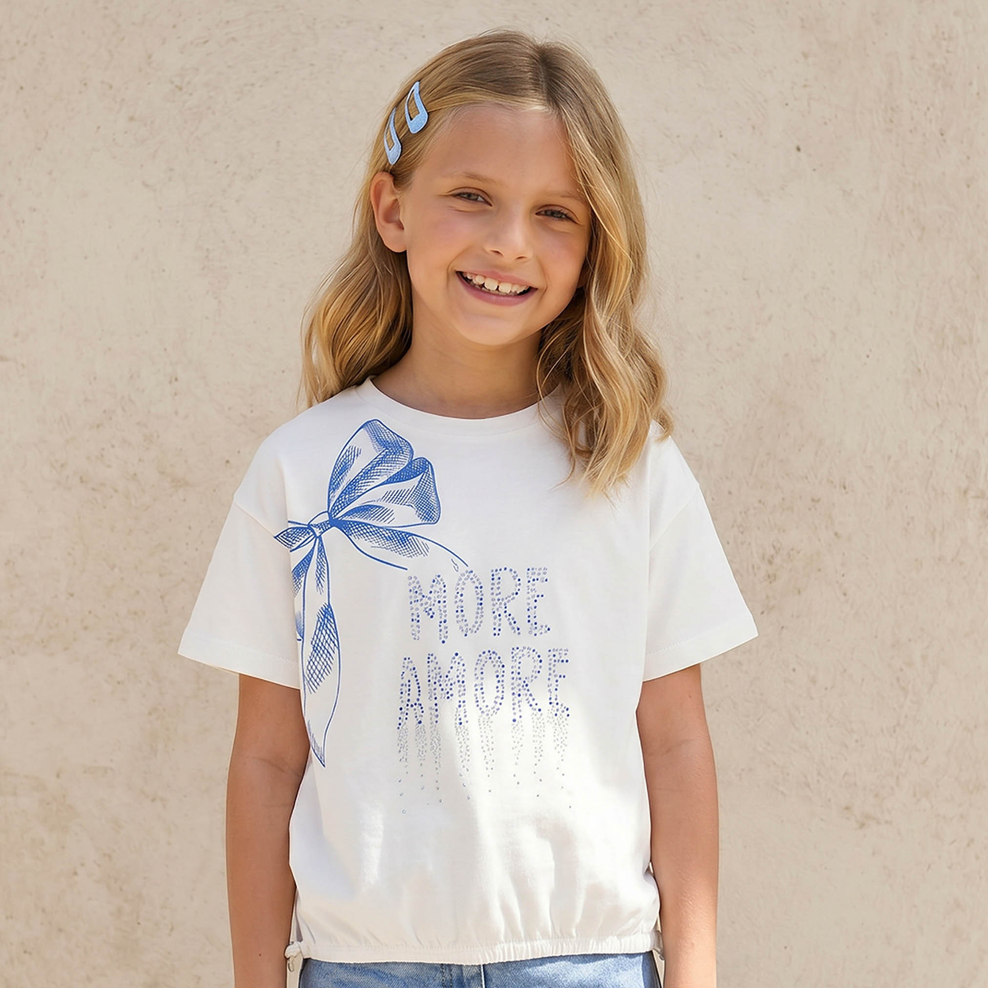 Juniors Crew Neck Short Sleeves T-shirt with Bow Print-girls-clothing-tshirts-image-6