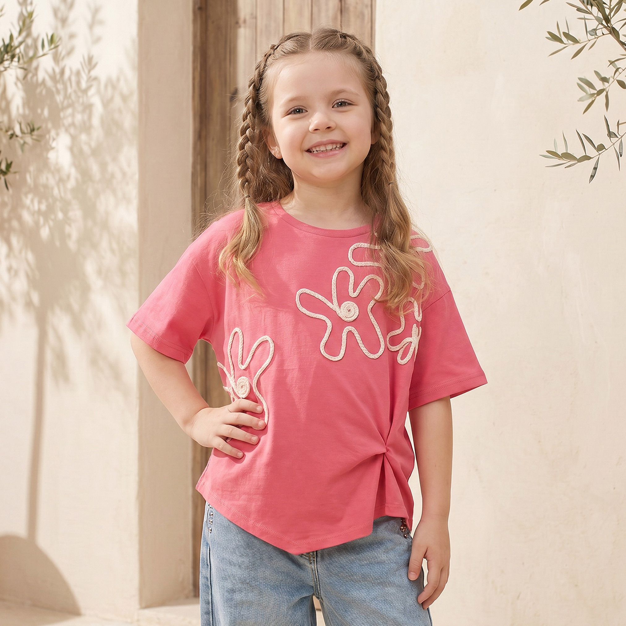 Juniors Crew Neck Short Sleeves T-shirt with Floral Applique-girls-clothing-tshirts-image-1