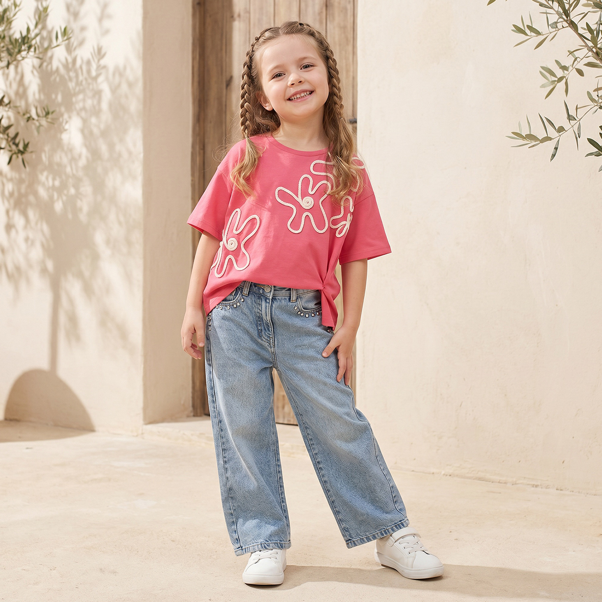 Juniors Crew Neck Short Sleeves T-shirt with Floral Applique-girls-clothing-tshirts-image-2