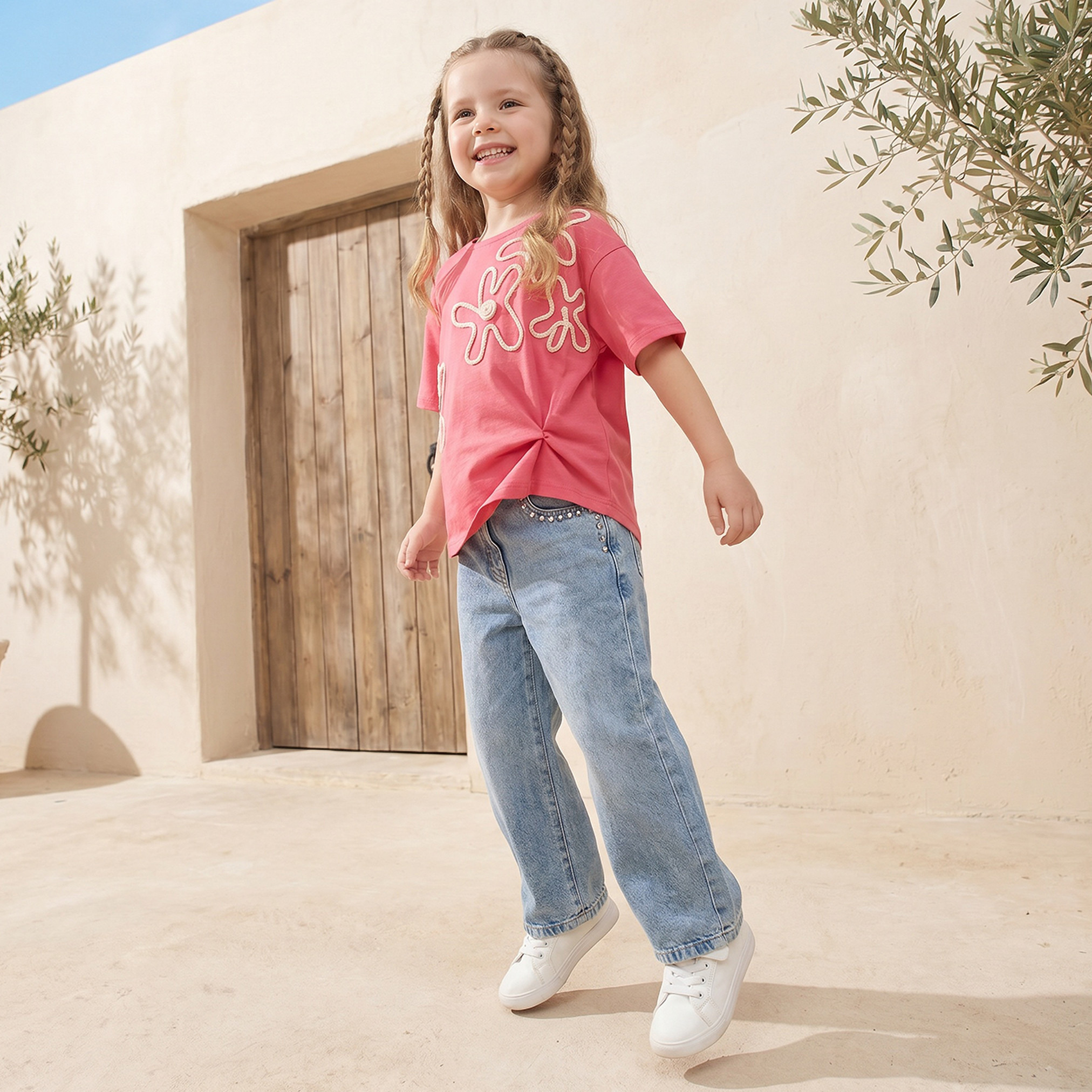 Juniors Crew Neck Short Sleeves T-shirt with Floral Applique-girls-clothing-tshirts-image-5