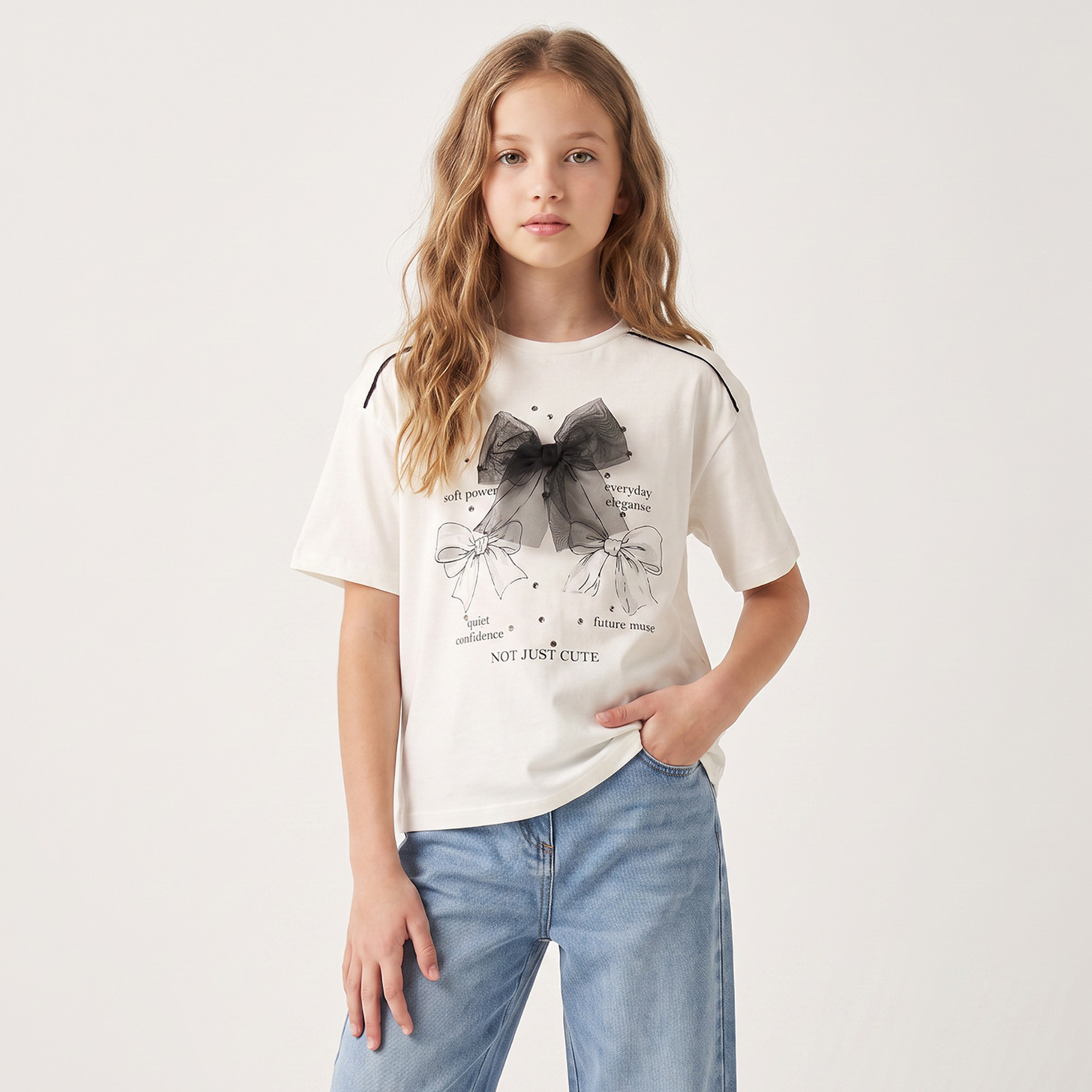Juniors Crew Neck Short Sleeves T-shirt with Bow Applique-girls-clothing-tshirts-image-1