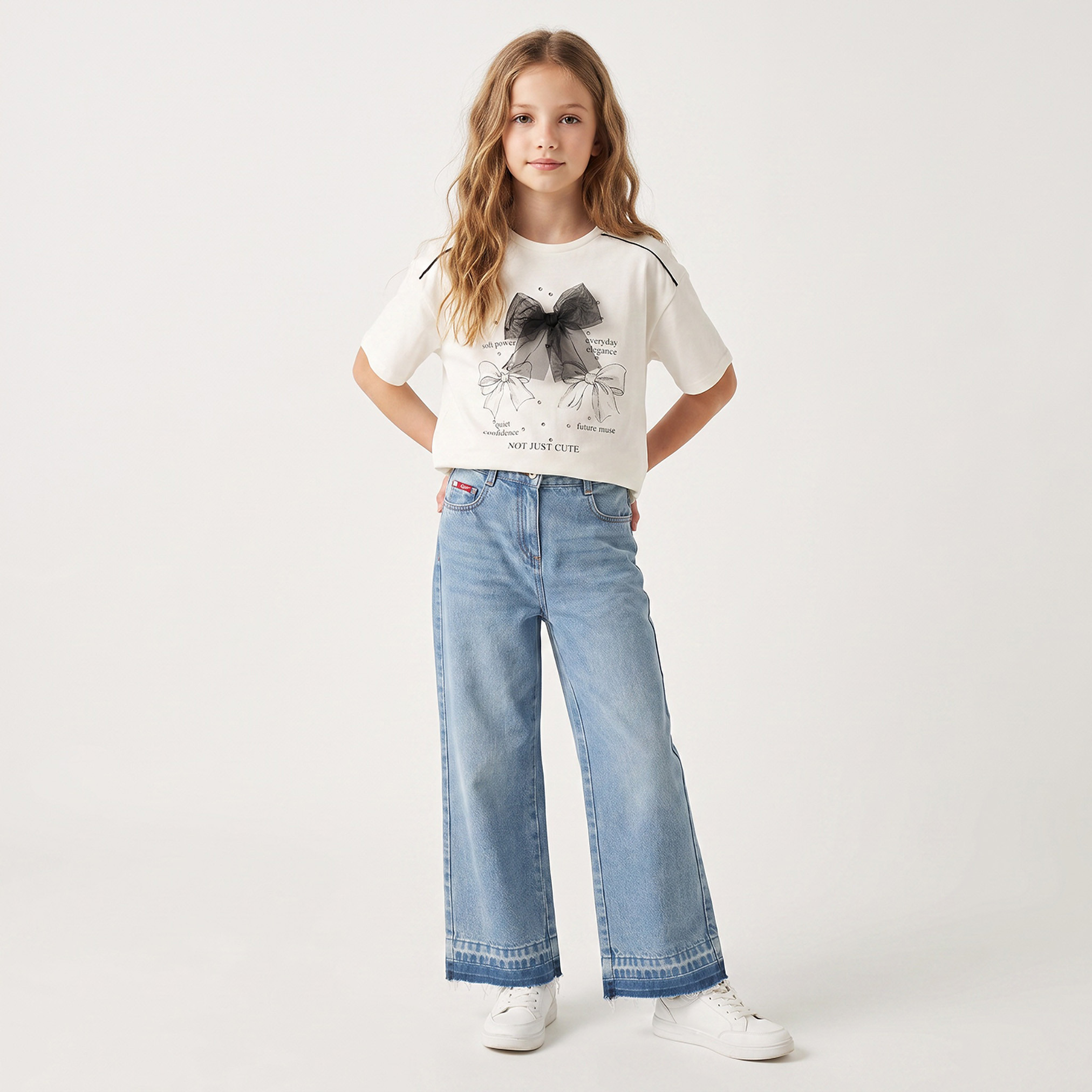 Juniors Crew Neck Short Sleeves T-shirt with Bow Applique-girls-clothing-tshirts-image-2