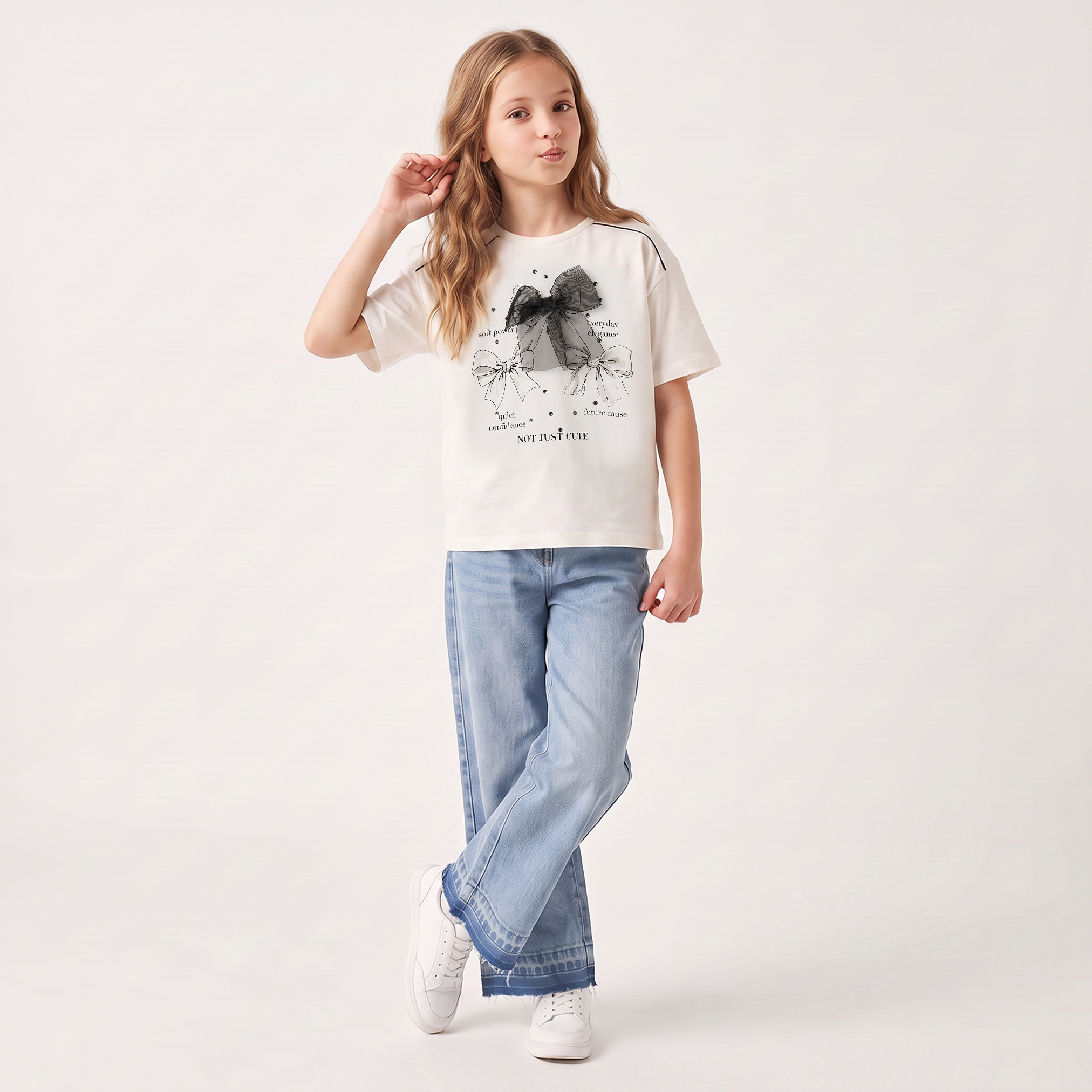 Juniors Crew Neck Short Sleeves T-shirt with Bow Applique-girls-clothing-tshirts-image-5