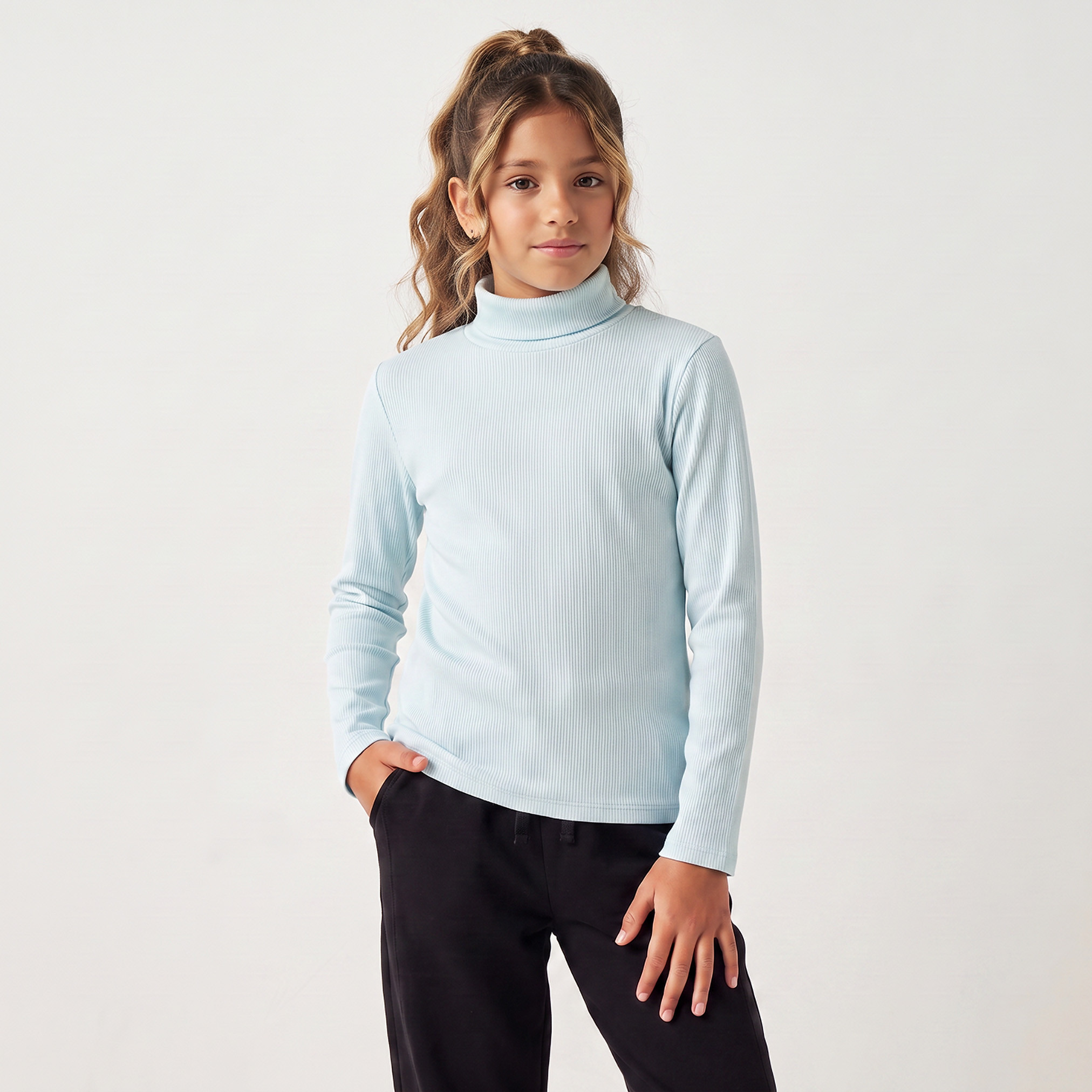 Juniors Turtleneck Long Sleeves T-shirt with Ribbed Design-girls-clothing-tshirts-image-1