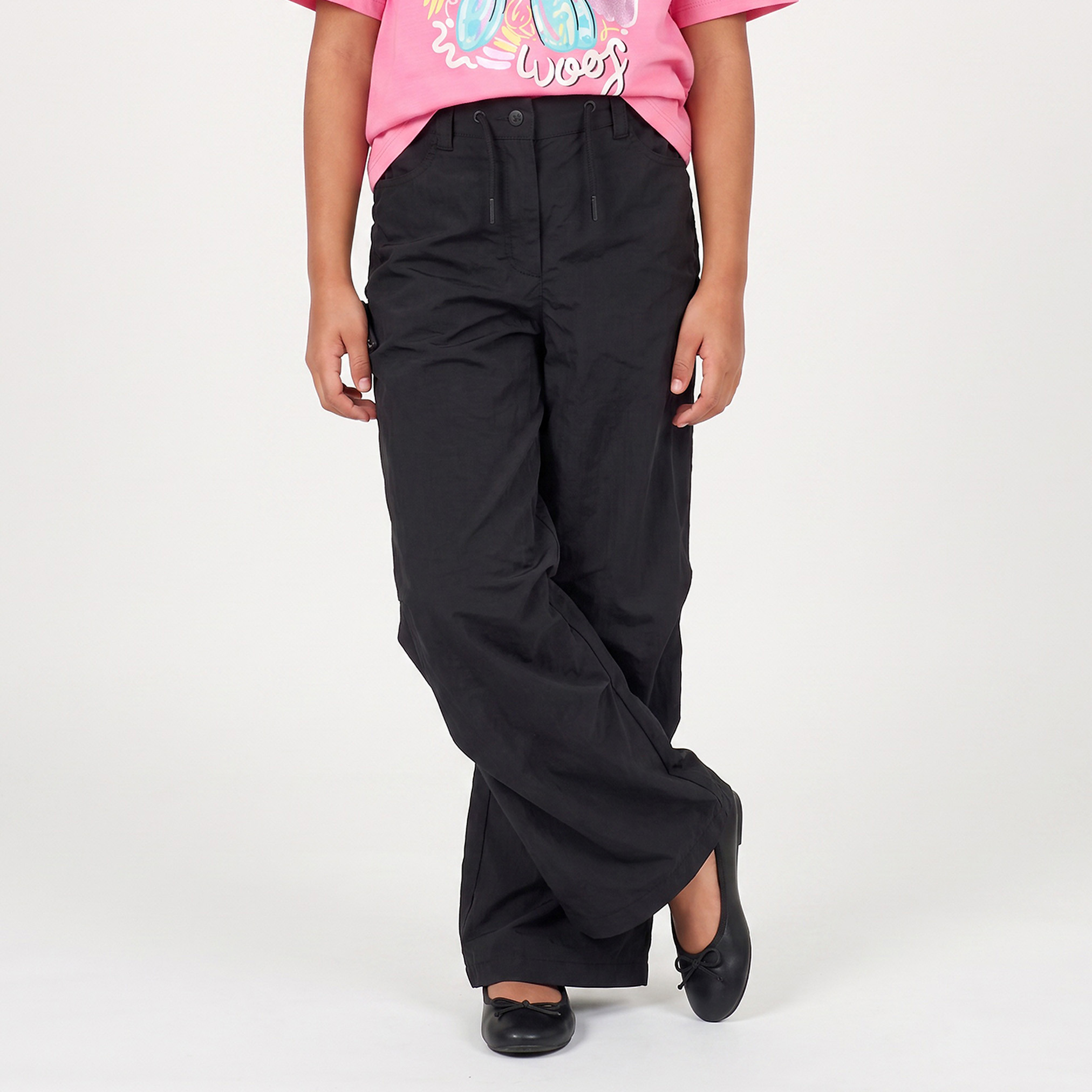 Juniors Wide Leg Trousers with Ruched Detail, Drawstring Waist-girls-clothing-bottoms-trousers-image-1