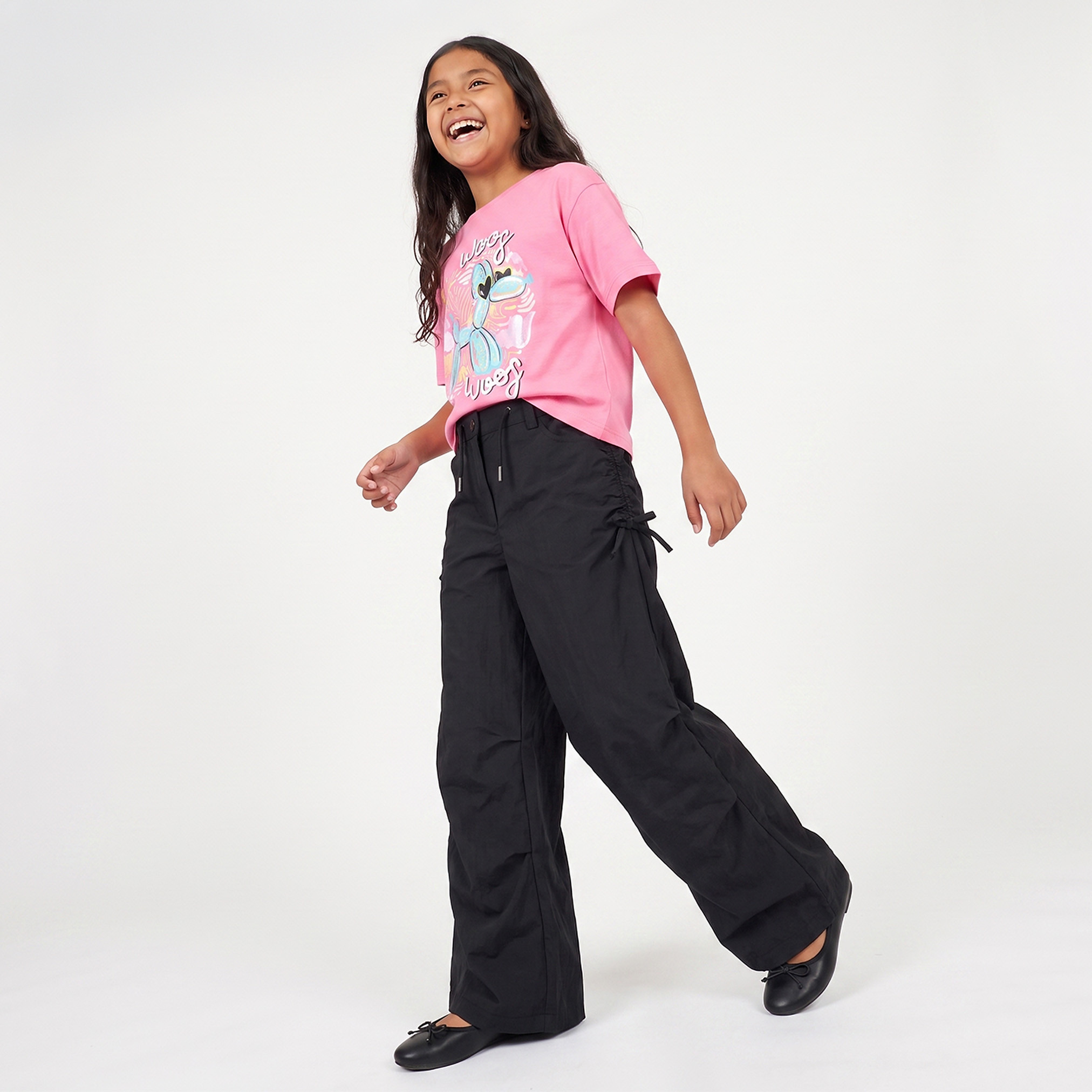 Juniors Wide Leg Trousers with Ruched Detail, Drawstring Waist-girls-clothing-bottoms-trousers-image-2