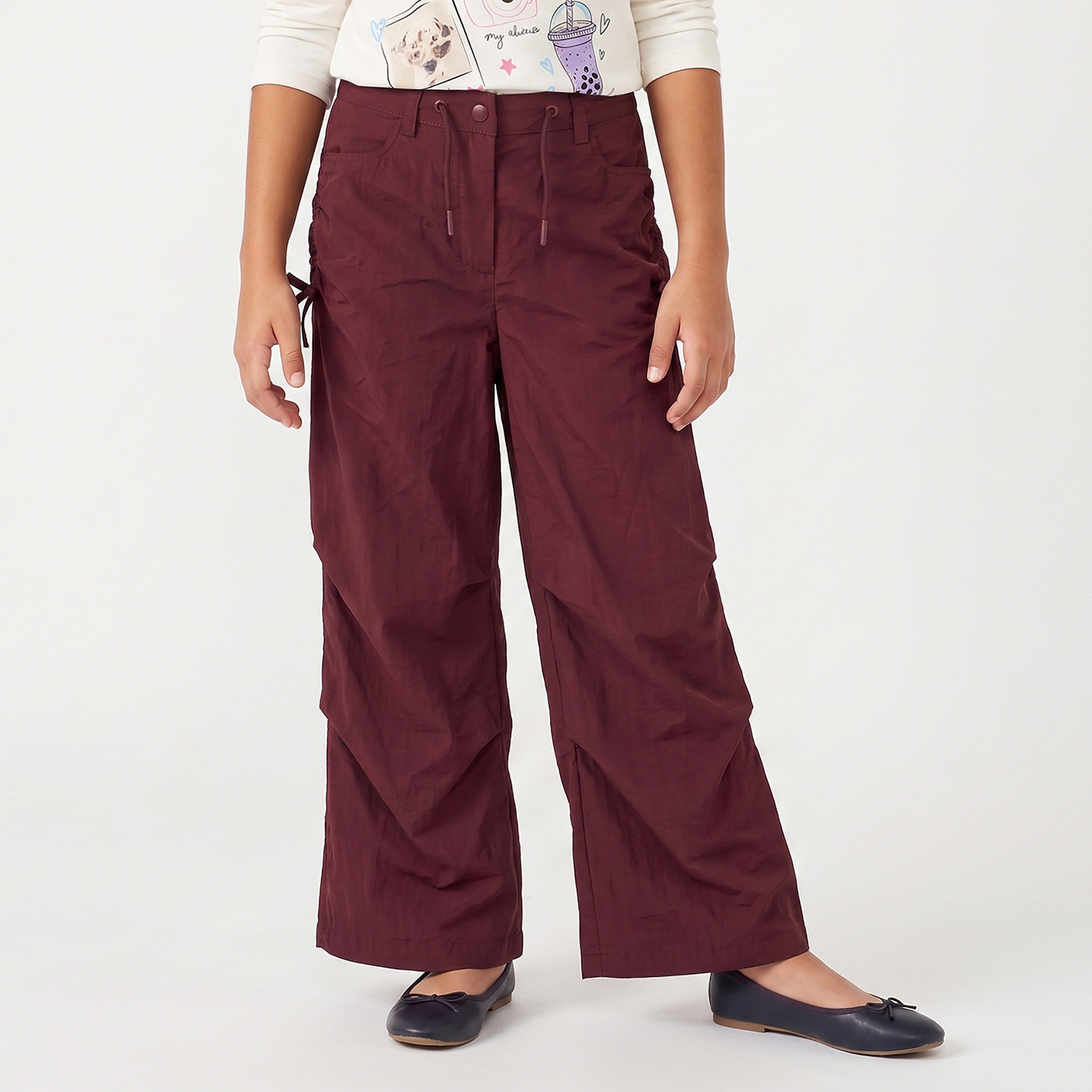 بنطلون واسع الساقين بتفاصيل مجعدة وخصر برباط من جونيورز-girls-clothing-bottoms-trousers-image-1