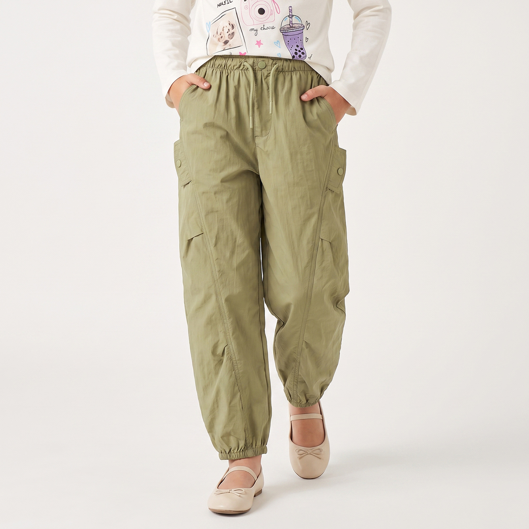 Juniors Elasticated Drawstring Waist Cargo Joggers with Pocket-girls-clothing-bottoms-joggersandtrackpants-image-1