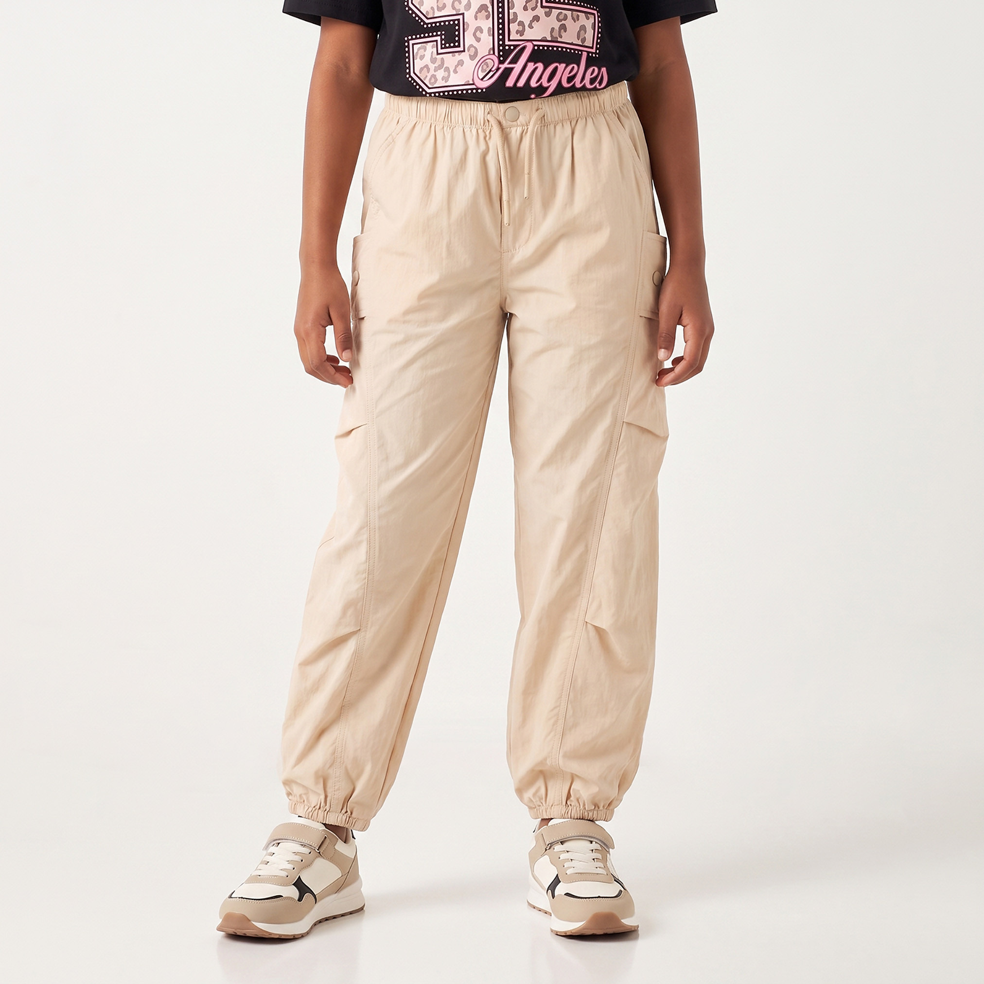 Juniors Elasticated Drawstring Waist Cargo Joggers with Pocket-girls-clothing-bottoms-joggersandtrackpants-image-1