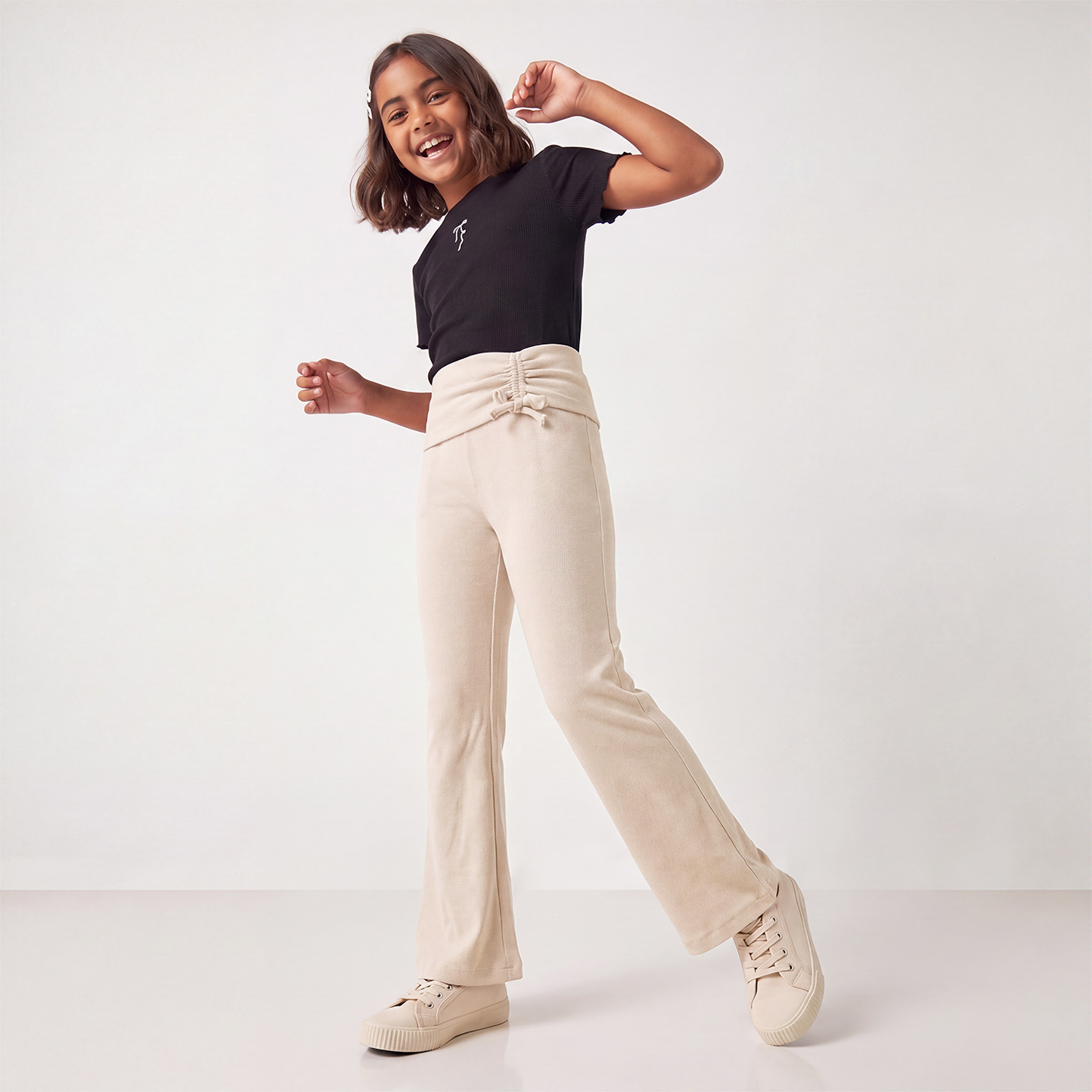 بنطلون ليقنز مضلع بأطراف واسعة وتفاصيل كشكش من جونيورز-girls-clothing-bottoms-leggings-image-2