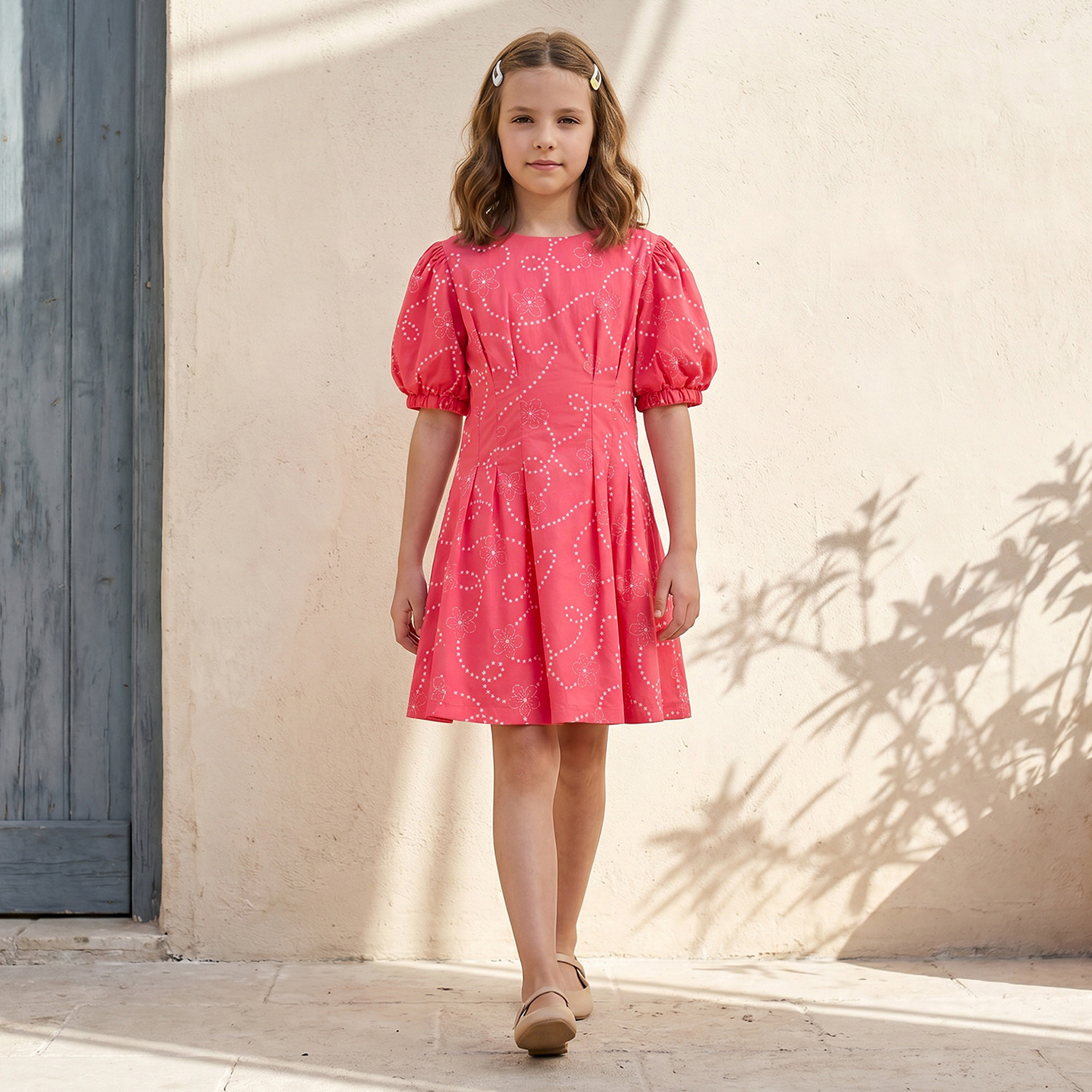 Juniors Round Neck Short Sleeves Knee Length A-line Dress with Floral Print-girls-clothing-dressesandjumpsuits-image-1