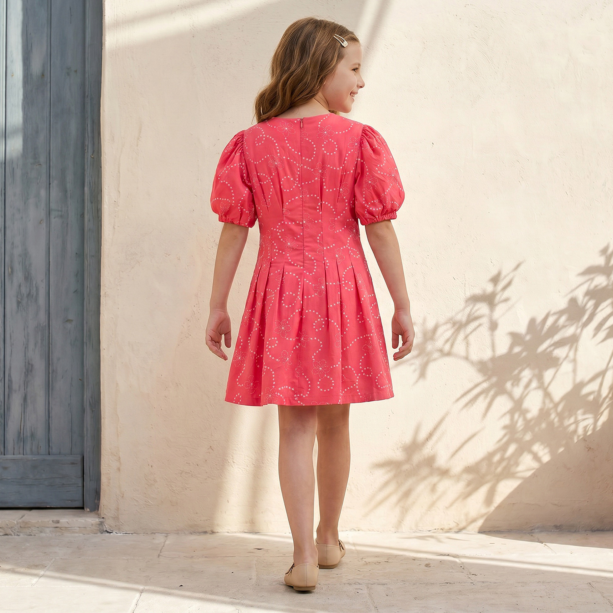Juniors Round Neck Short Sleeves Knee Length A-line Dress with Floral Print-girls-clothing-dressesandjumpsuits-image-2