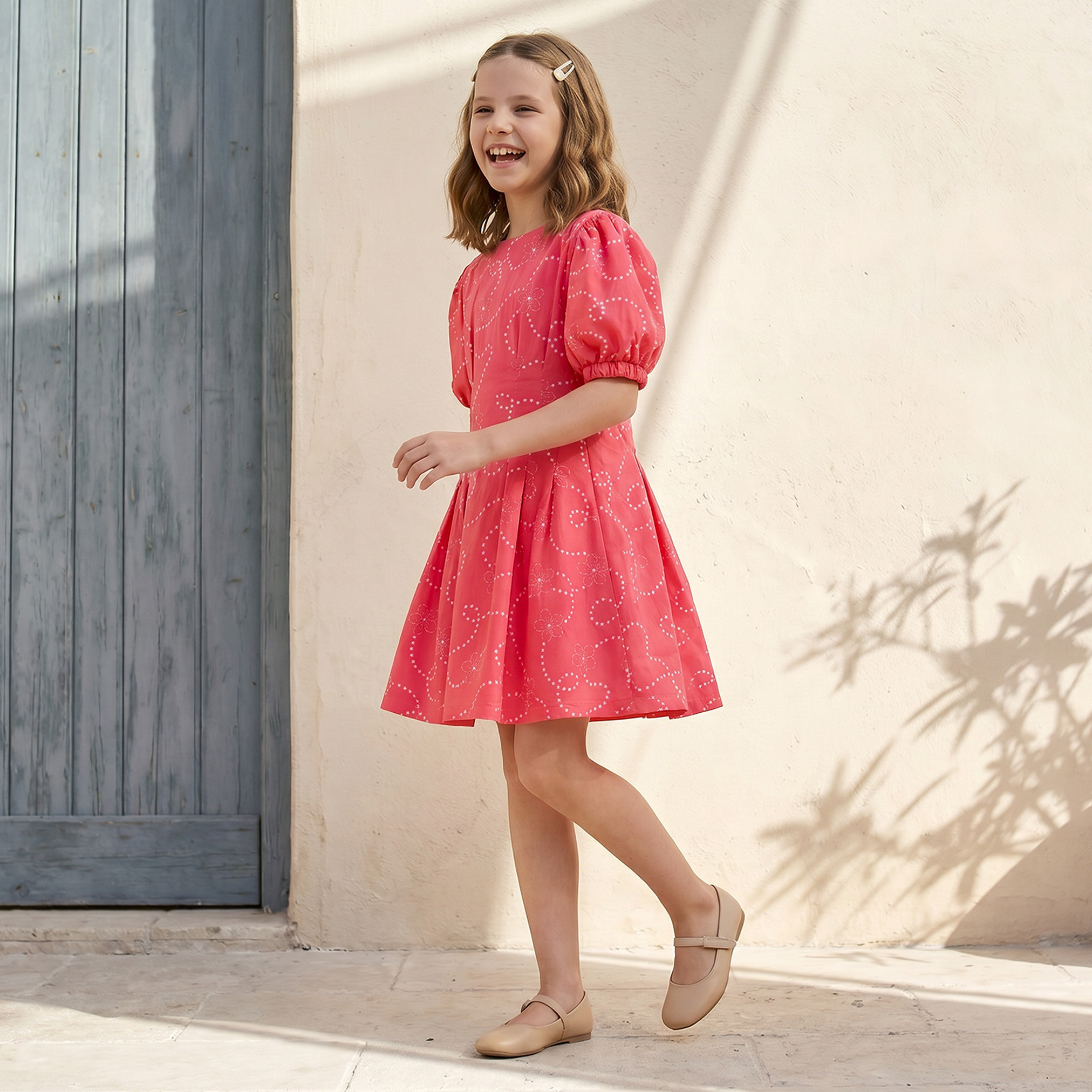 Juniors Round Neck Short Sleeves Knee Length A-line Dress with Floral Print-girls-clothing-dressesandjumpsuits-image-4