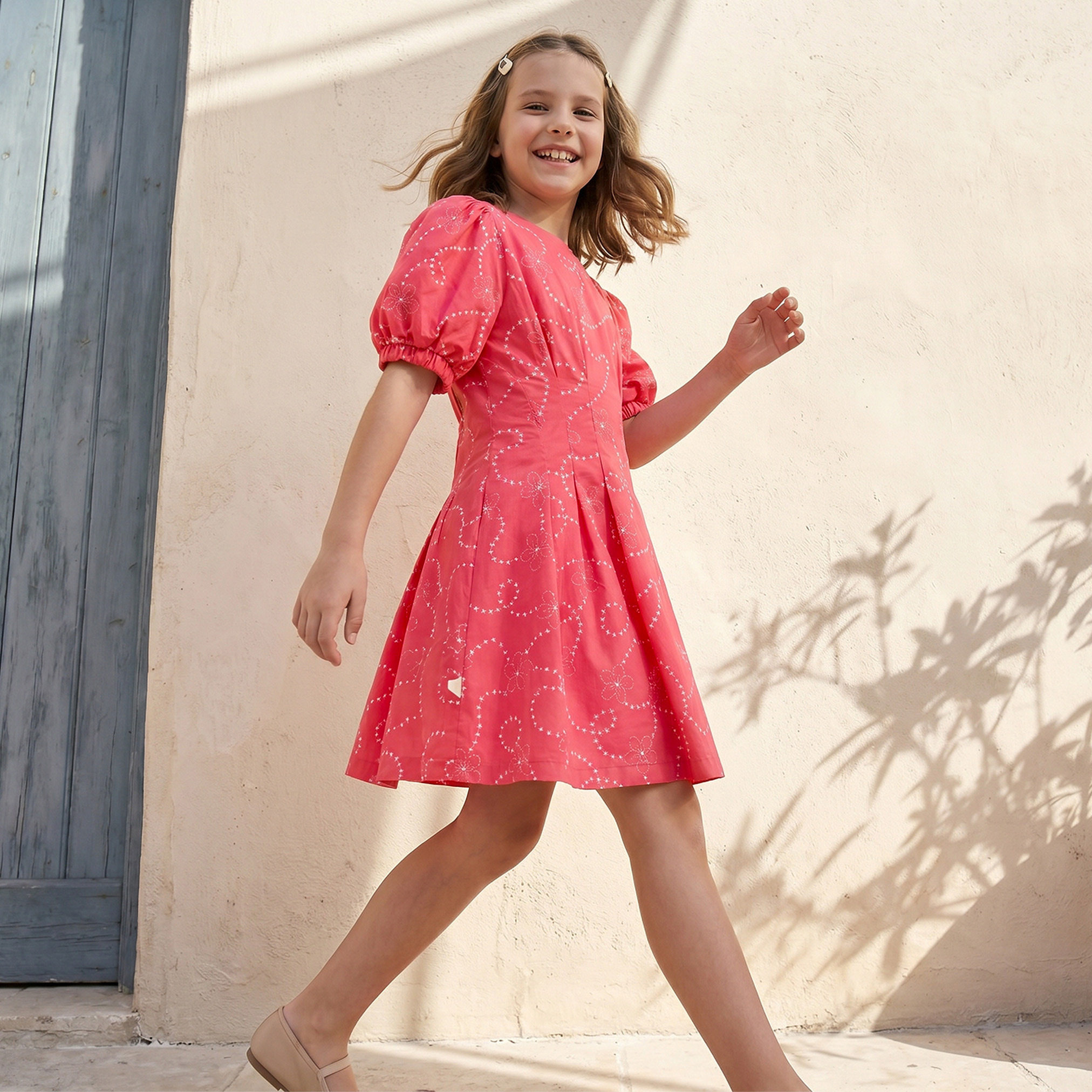 Juniors Round Neck Short Sleeves Knee Length A-line Dress with Floral Print-girls-clothing-dressesandjumpsuits-image-5
