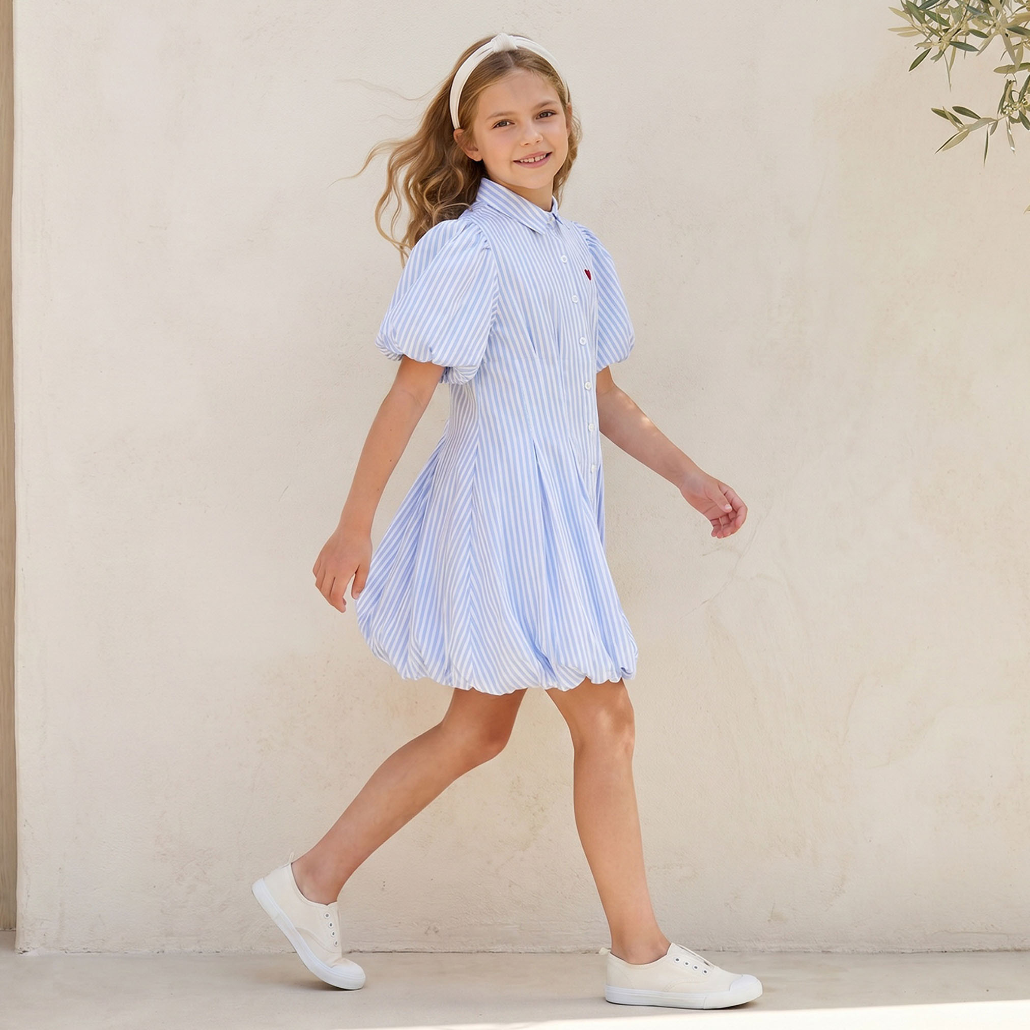فستان مخطط بطول الركبة وياقة وأكمام قصيرة من جونيورز-girls-clothing-dressesandjumpsuits-image-4