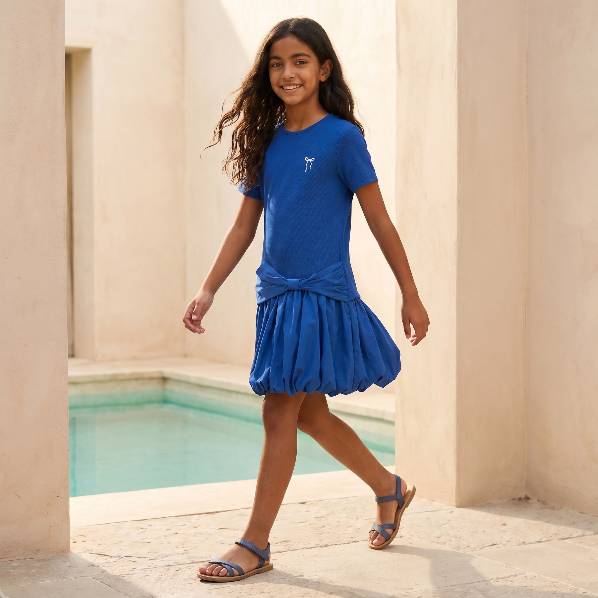 Juniors Round Neck Short Sleeves Knee Length A-line Dress with Bubble Hem-girls-clothing-dressesandjumpsuits-image-6
