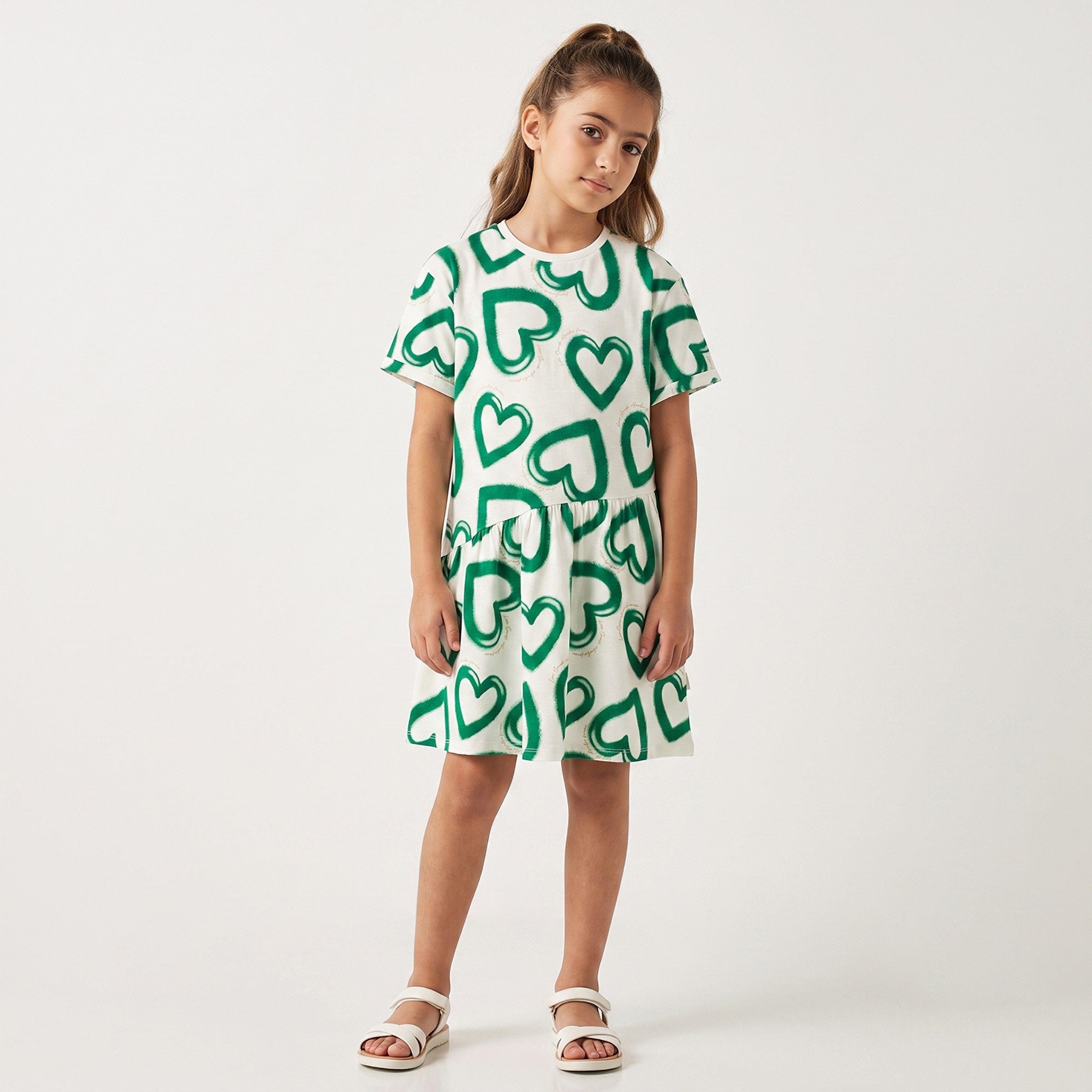 Juniors Round Neck Short Sleeves Knee Length Dress with KSA National Day Print-girls-clothing-dressesandjumpsuits-image-1