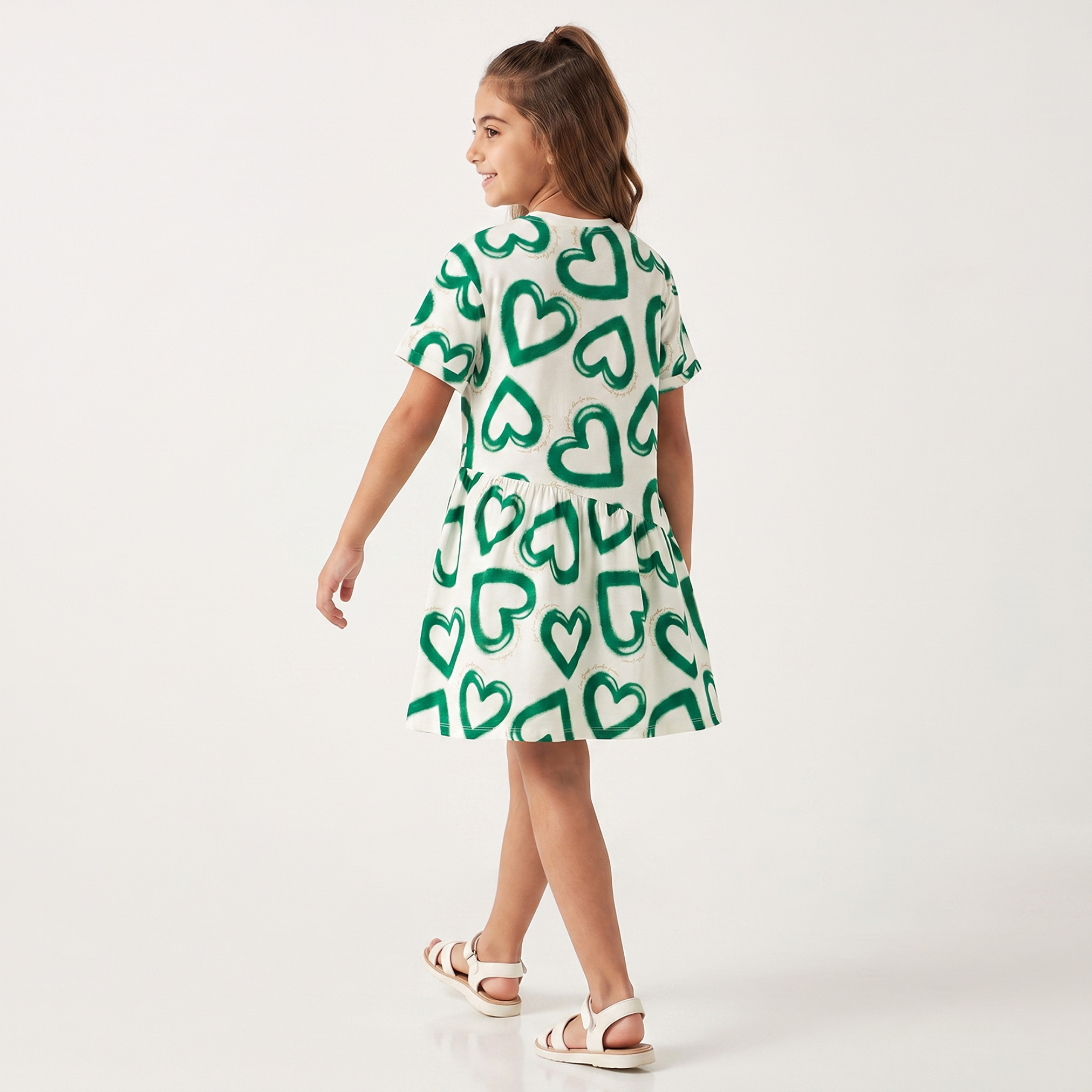 Juniors Round Neck Short Sleeves Knee Length Dress with KSA National Day Print-girls-clothing-dressesandjumpsuits-image-2