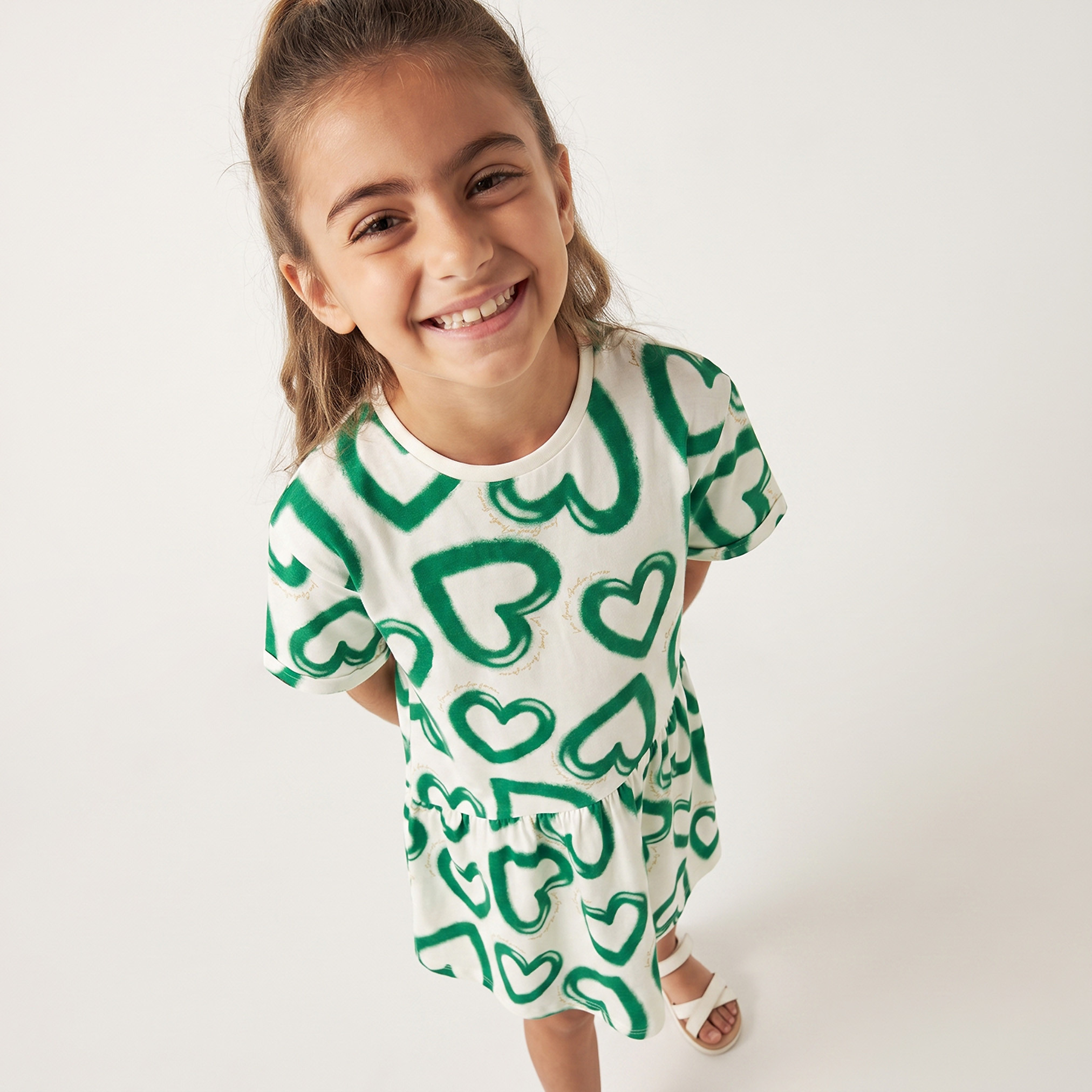 Juniors Round Neck Short Sleeves Knee Length Dress with KSA National Day Print-girls-clothing-dressesandjumpsuits-image-3
