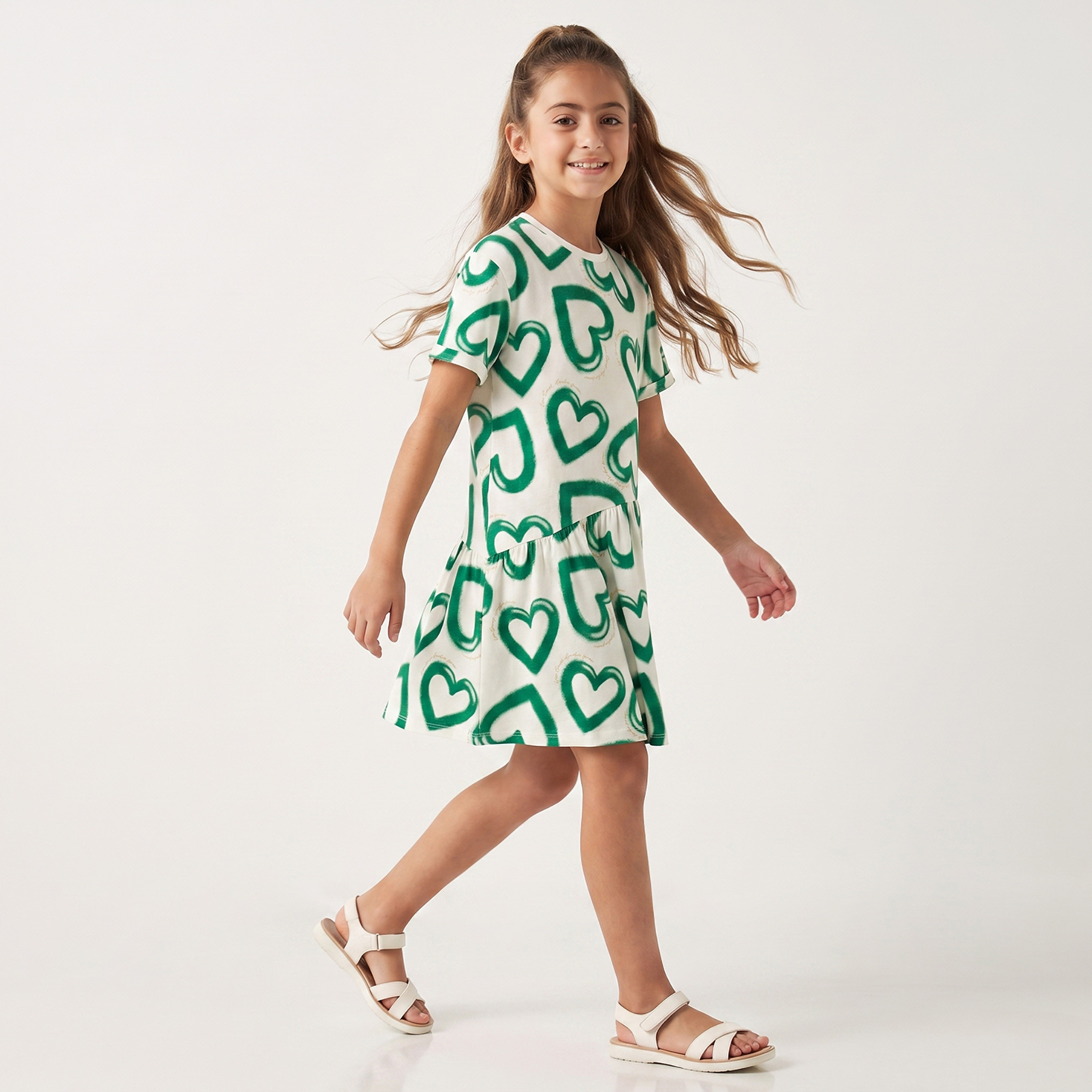 Juniors Round Neck Short Sleeves Knee Length Dress with KSA National Day Print-girls-clothing-dressesandjumpsuits-image-5