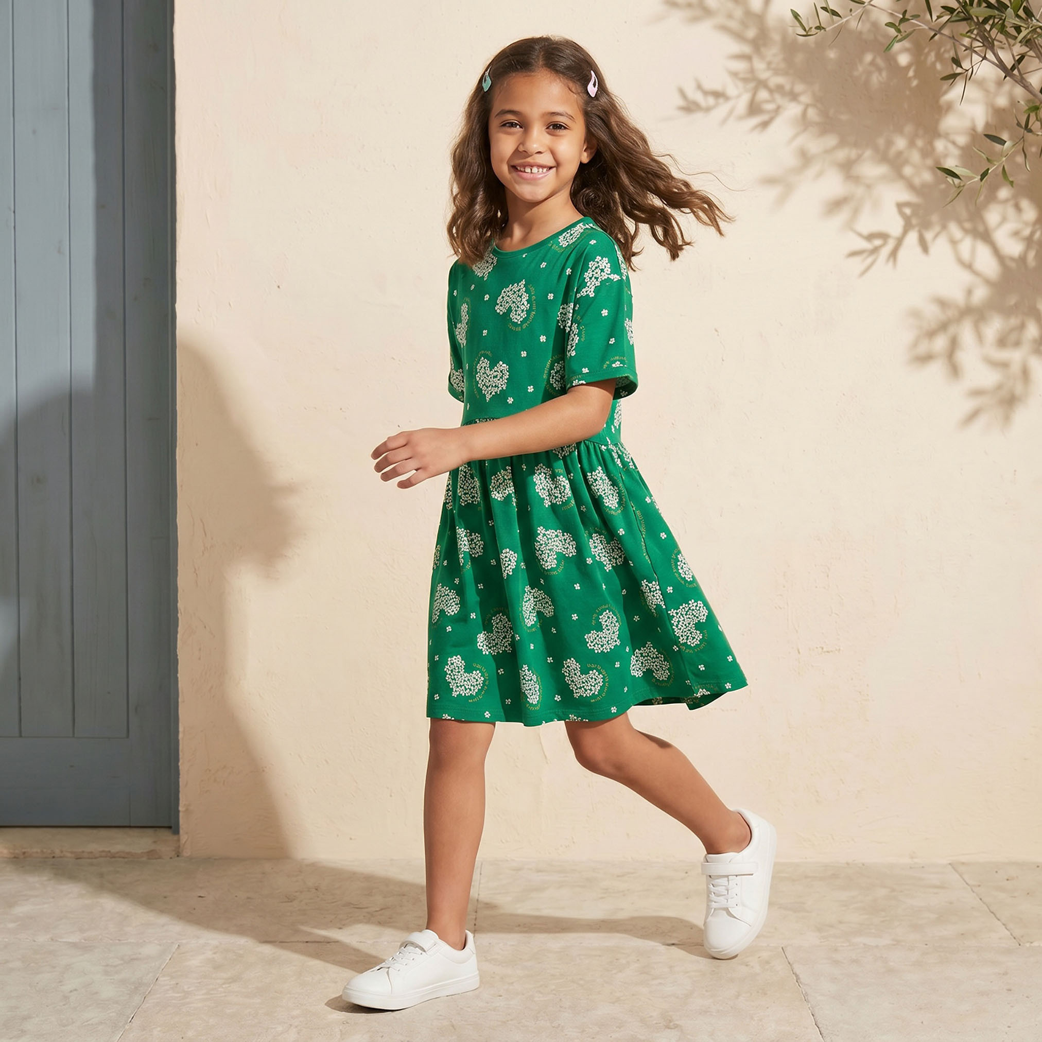 Juniors Round Neck Short Sleeves Dress with KSA National Day Print-girls-clothing-dressesandjumpsuits-image-1