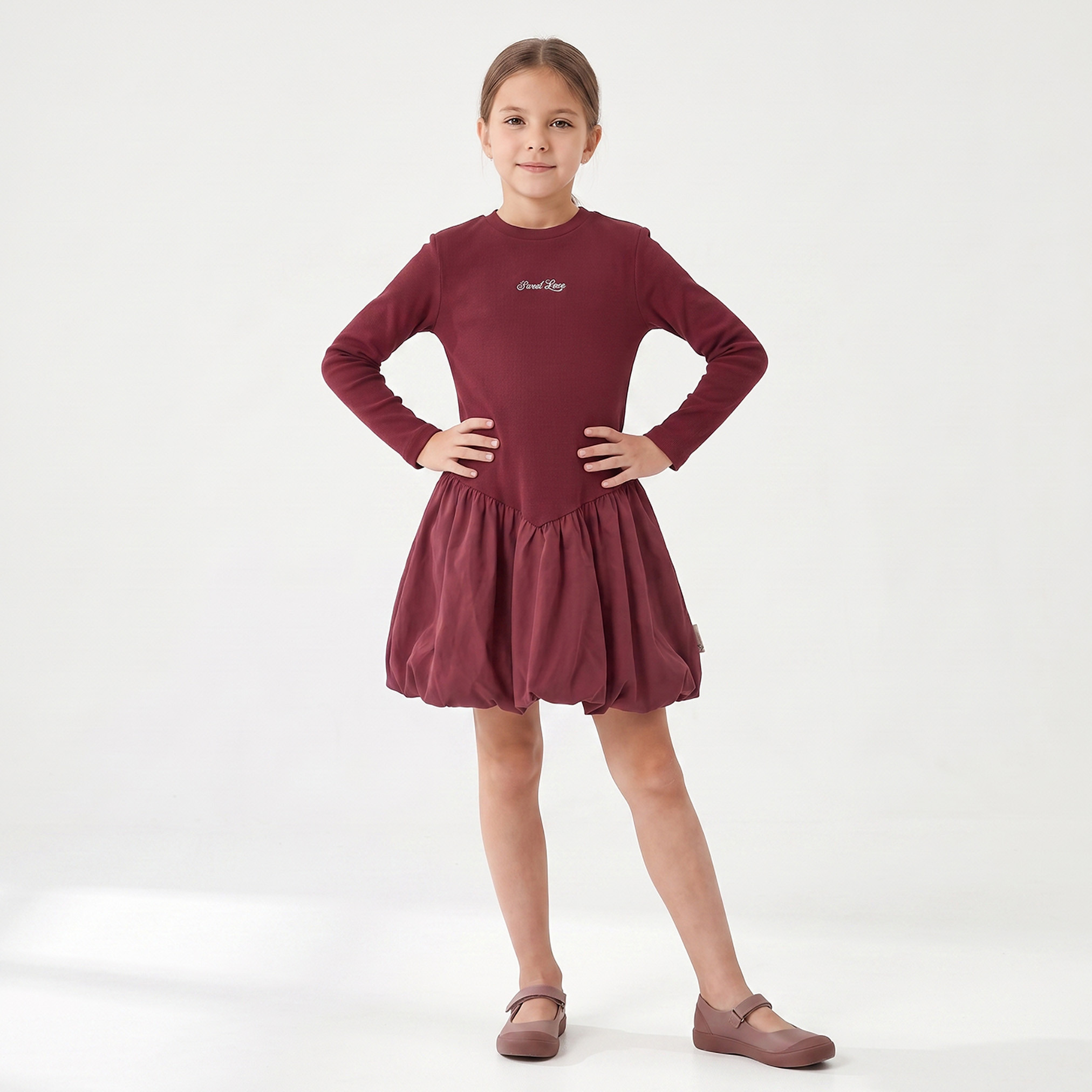 Juniors Round Neck Long Sleeves Above-Knee Length Bubble Drop Waist Dress with Embroidery-girls-clothing-dressesandjumpsuits-image-5