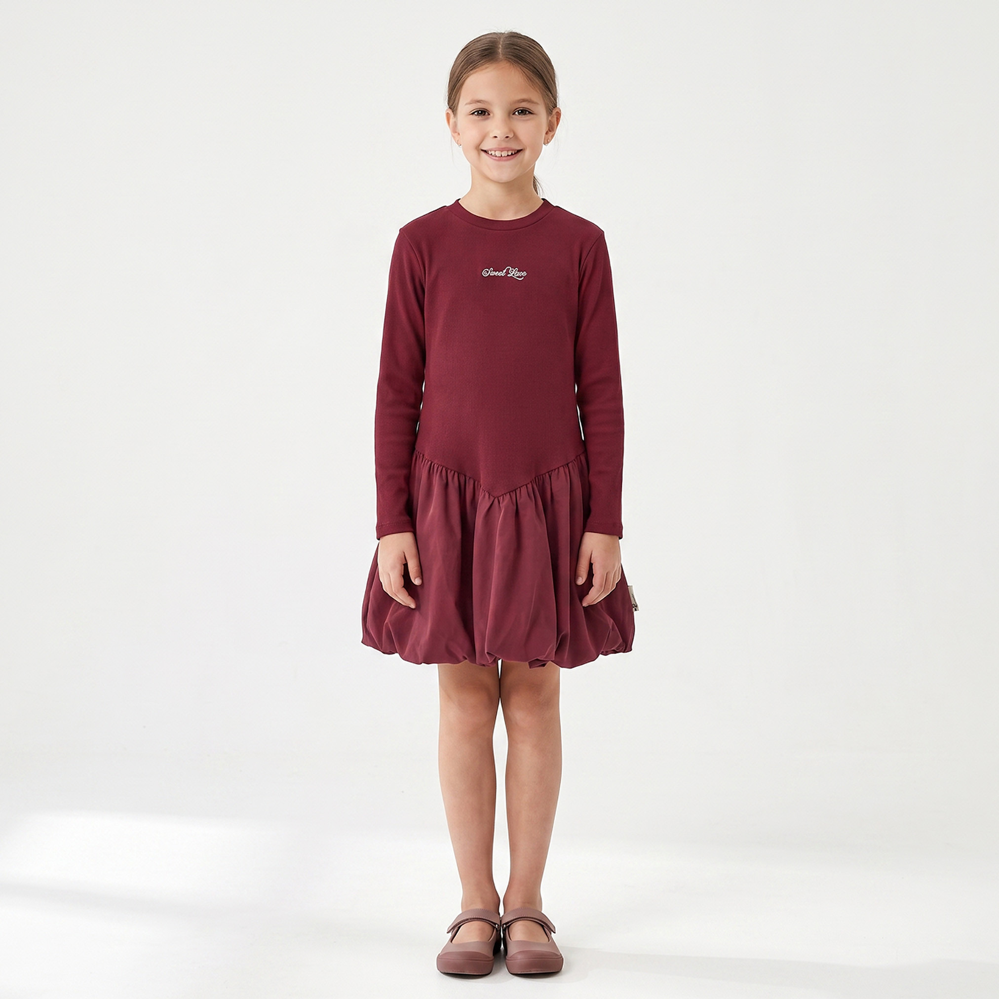 Juniors Round Neck Long Sleeves Above-Knee Length Bubble Drop Waist Dress with Embroidery-girls-clothing-dressesandjumpsuits-image-1